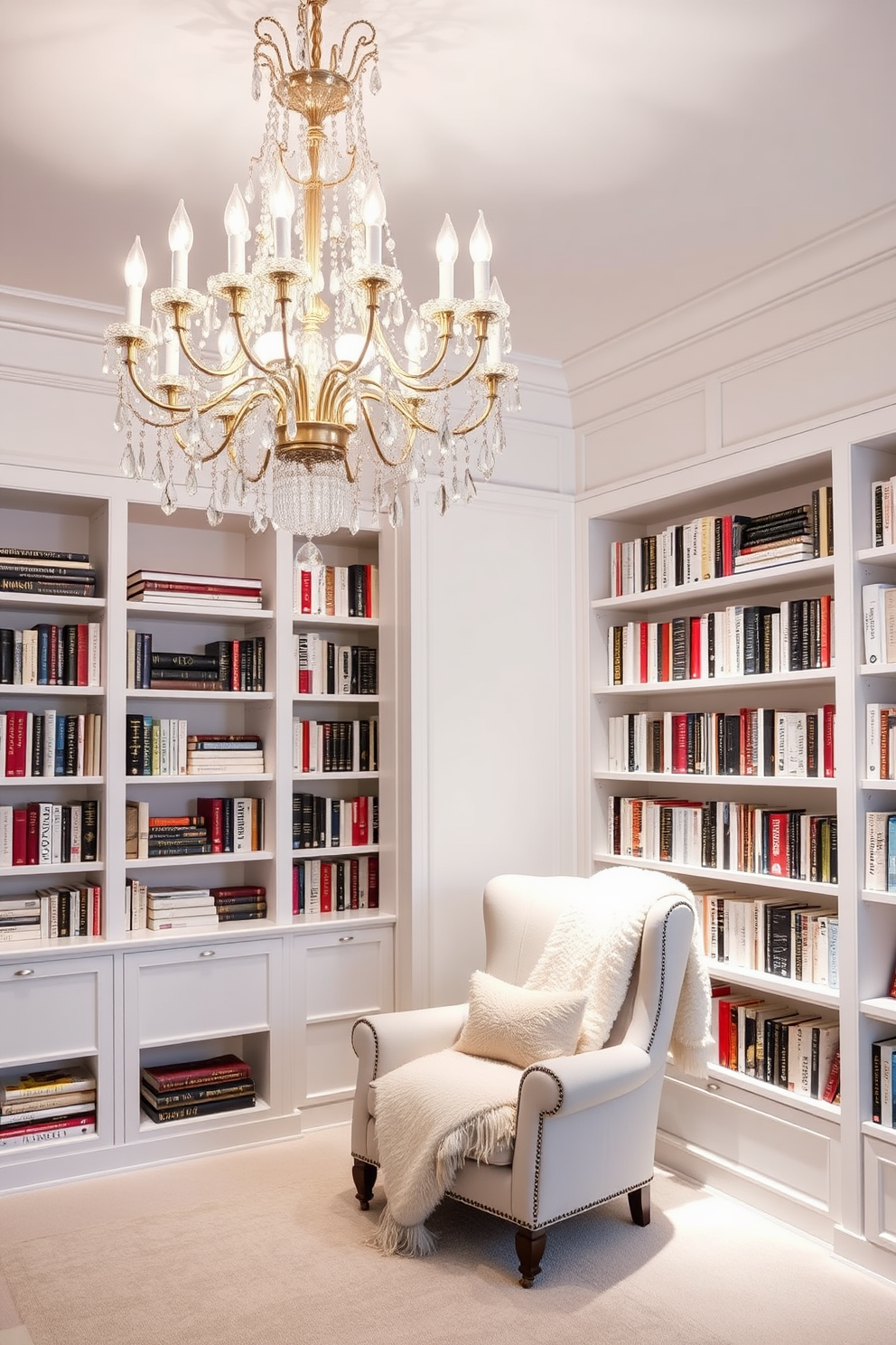 Elegant chandelier for a touch of luxury. The chandelier features intricate crystal details that reflect light beautifully, creating a warm and inviting ambiance. White home library design ideas. The library is filled with floor-to-ceiling white bookshelves, complemented by a plush reading nook with a cozy armchair and soft throw blankets.