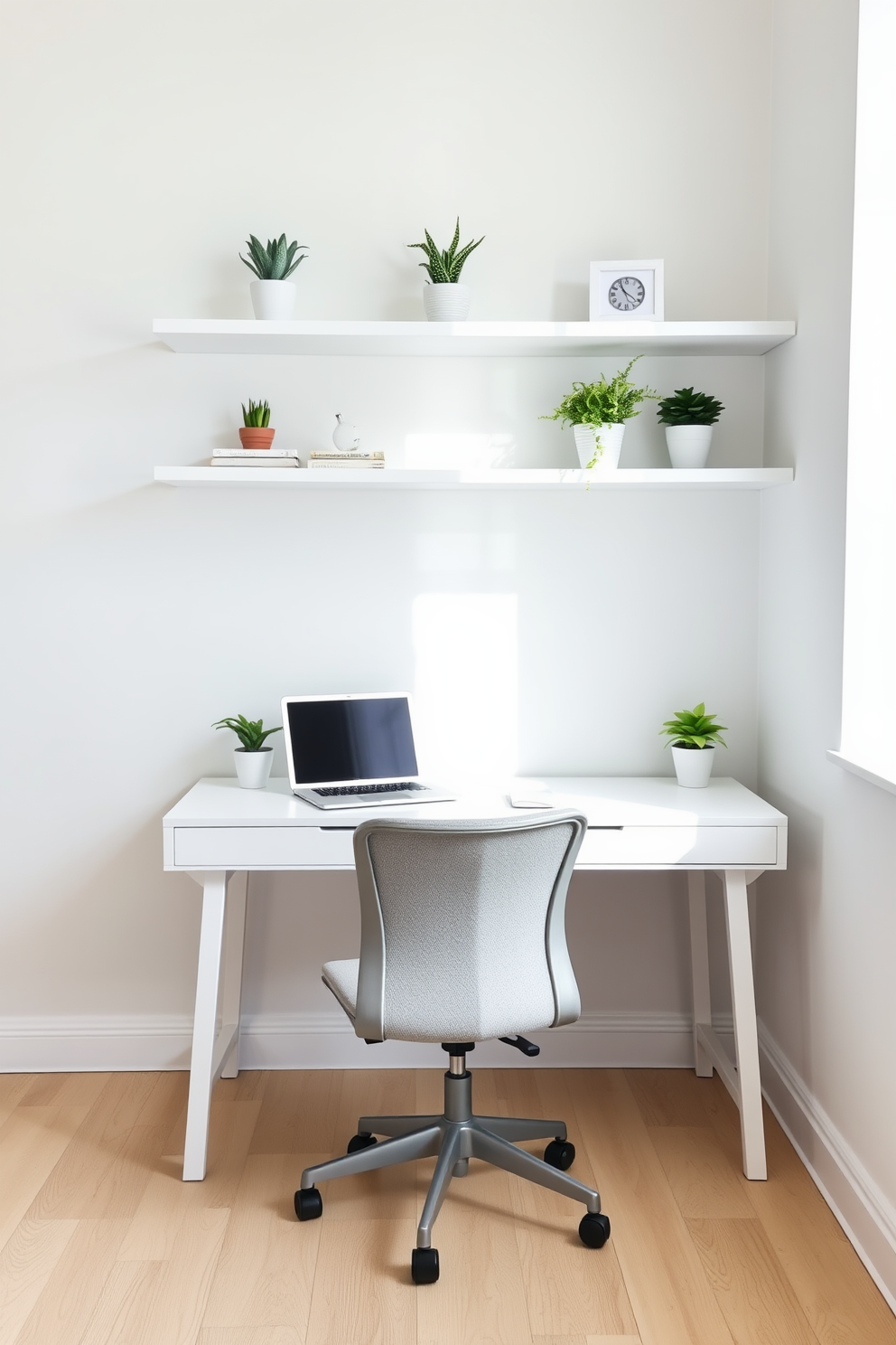 A minimalist white desk is positioned against a bright wall, complemented by sleek floating shelves above it. The shelves are adorned with a few carefully selected decorative items and potted plants, creating an airy and organized workspace. The floor is a light wood, enhancing the overall brightness of the room. A comfortable ergonomic chair in a soft fabric completes the setup, inviting productivity and focus.