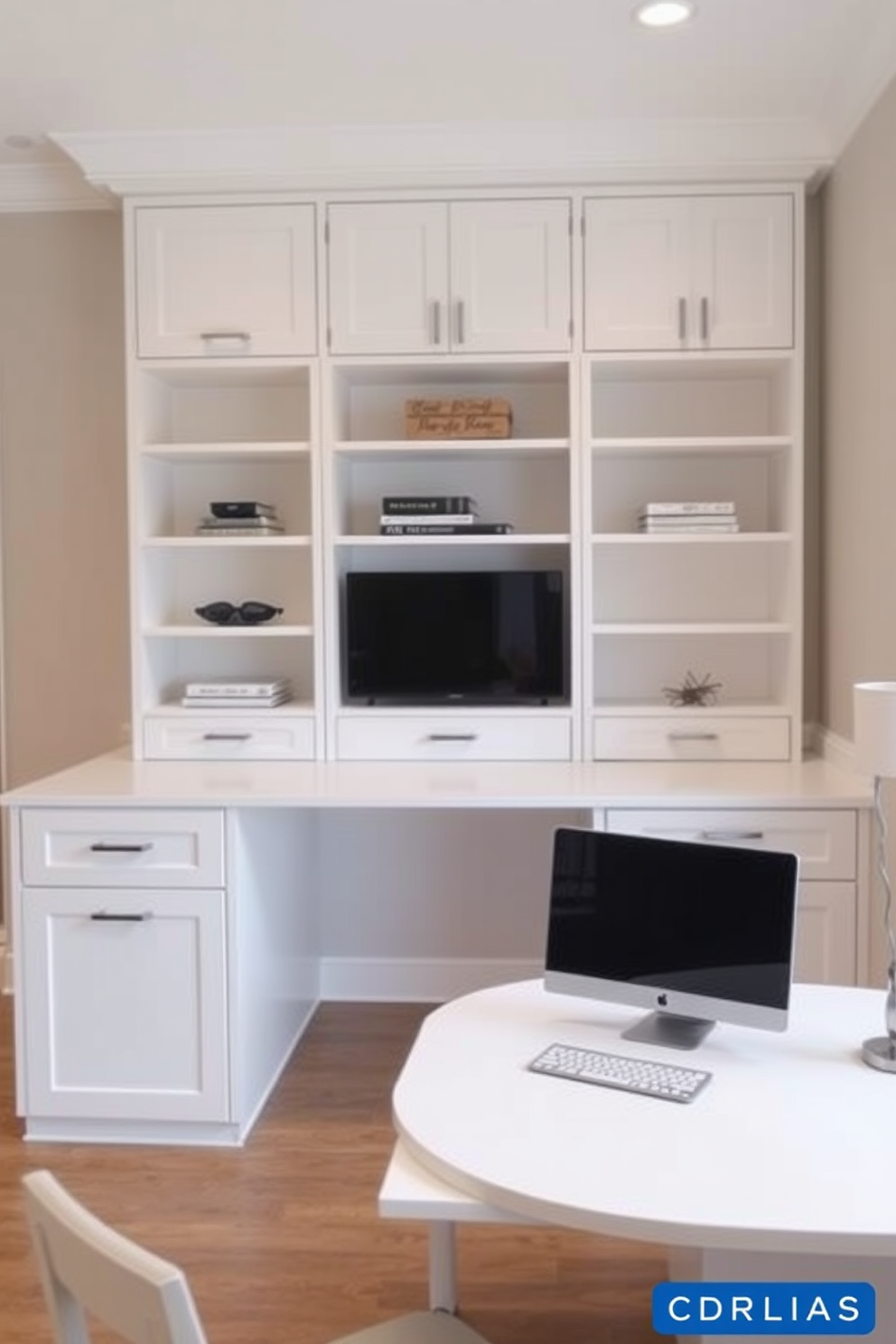 A gallery wall displays a collection of framed art pieces in various sizes and styles. The wall features a mix of abstract and landscape artworks, creating a vibrant focal point in the room. The home office is designed with a clean white aesthetic, featuring a sleek desk and ergonomic chair. Large windows allow natural light to flood the space, enhancing productivity and creating an inviting atmosphere.