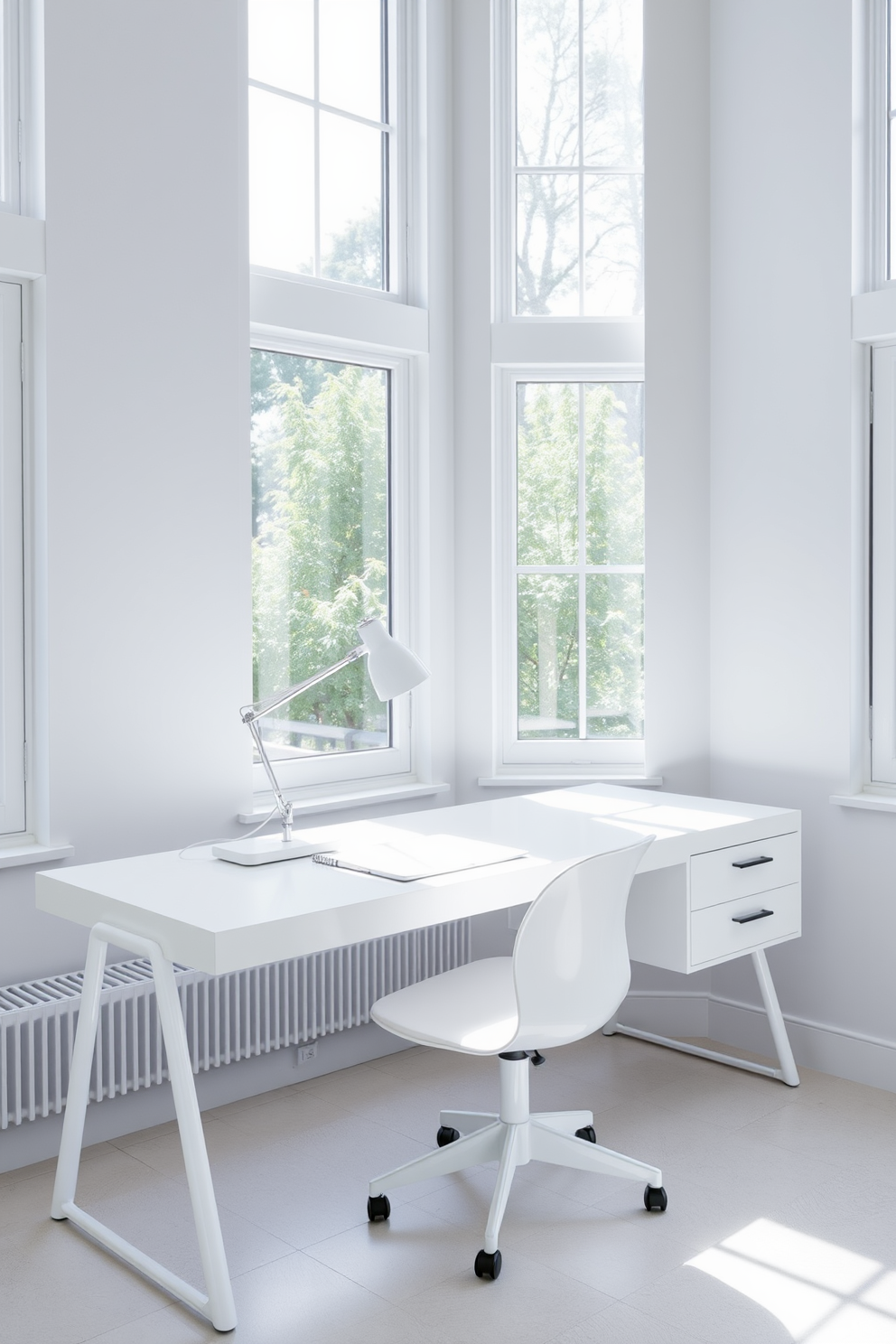 A stylish pendant light hangs from the ceiling, featuring a sleek design with a brushed brass finish and a frosted glass shade. It casts a warm glow over the workspace, adding a modern touch to the overall aesthetic. The home office is designed with a clean white palette, featuring a minimalist desk and ergonomic chair. Large windows allow natural light to flood the room, enhancing the airy and open feel of the space.