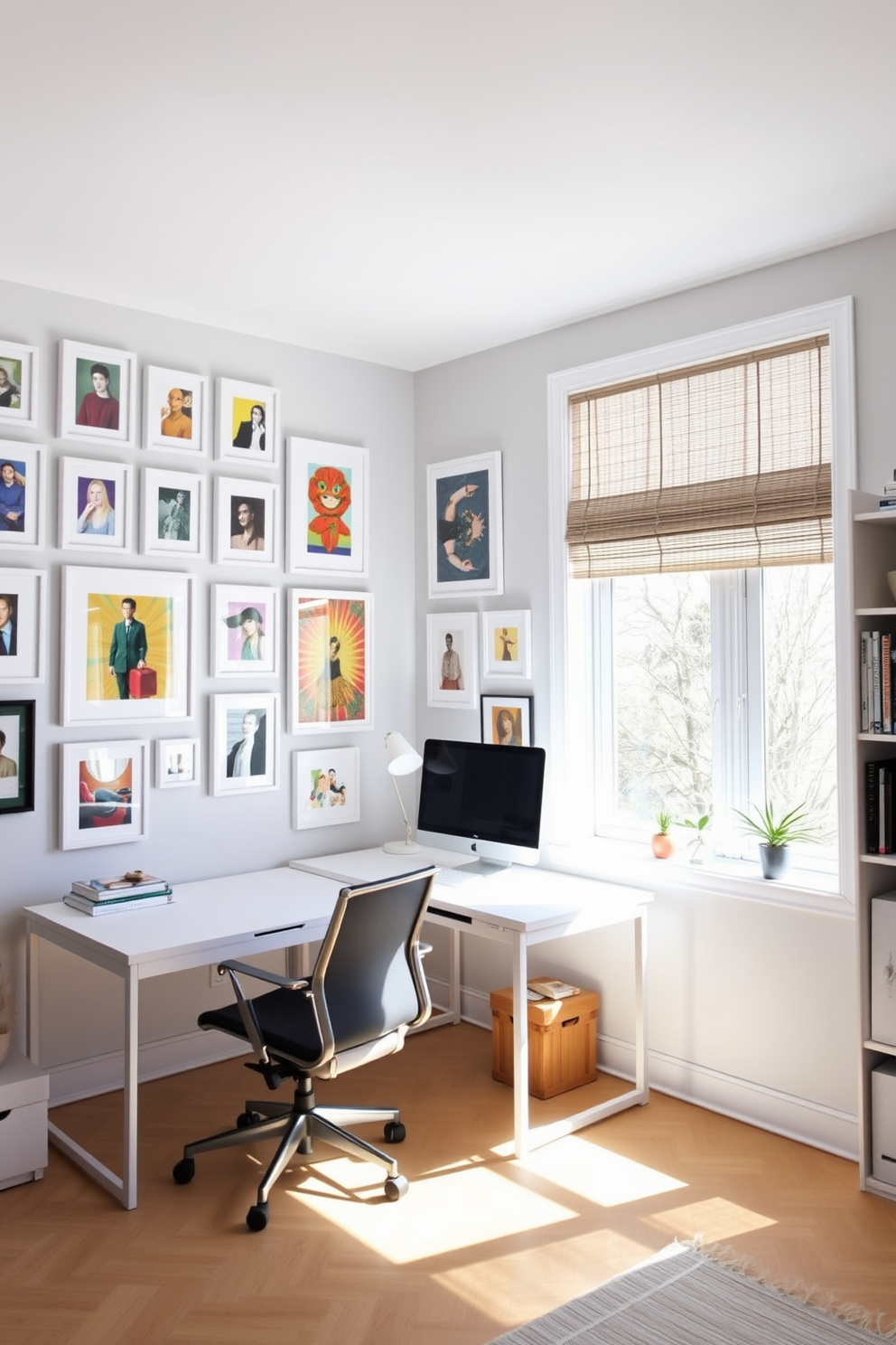 A gallery wall showcases an array of white frames filled with vibrant artwork. The wall serves as a focal point, enhancing the room's creative atmosphere. The home office features a sleek white desk paired with an ergonomic chair. Natural light floods the space through large windows, illuminating the minimalist decor and organized shelves.