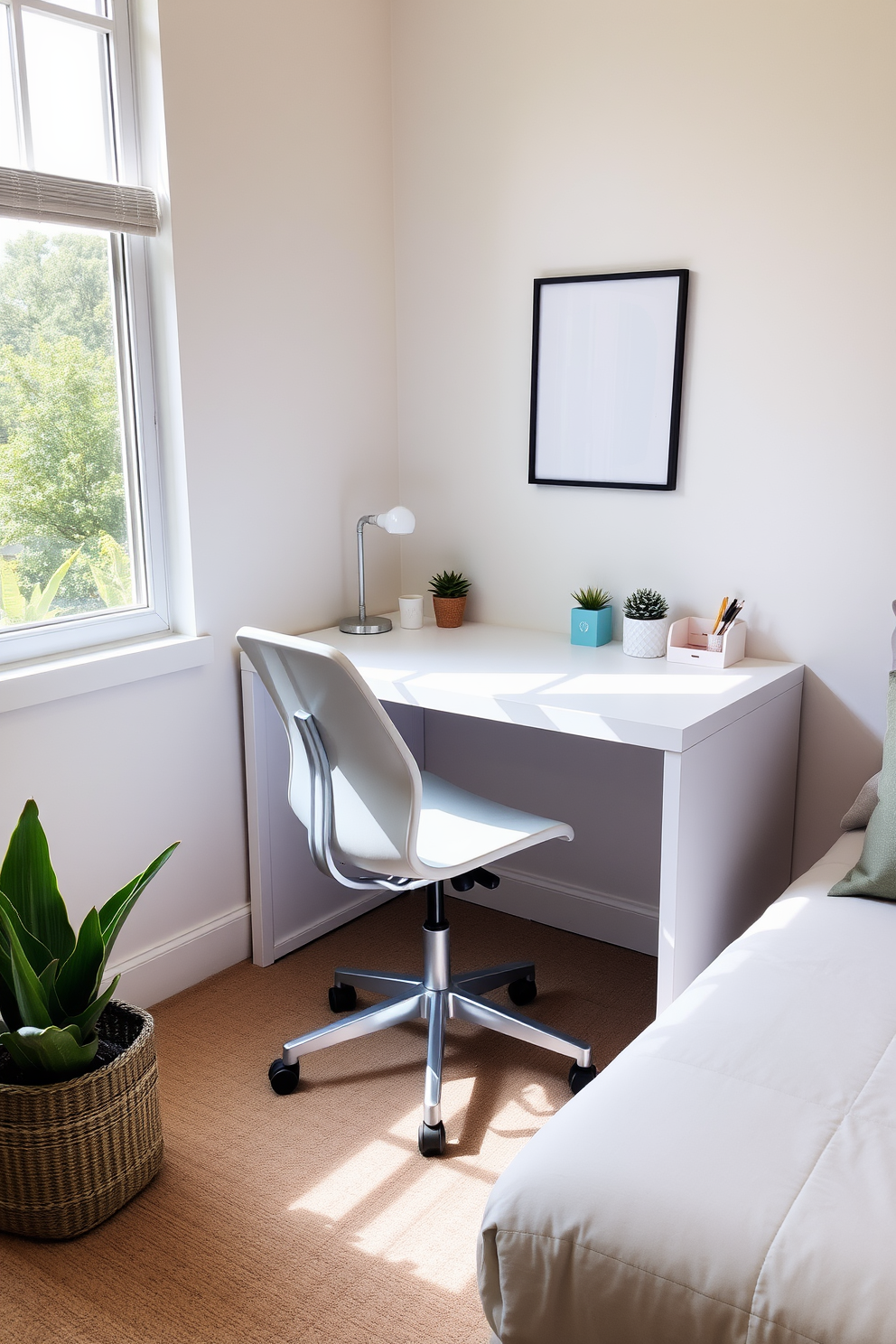 An L-shaped desk is positioned in a bright and airy home office, maximizing corner space for an efficient workspace. The walls are painted in a soft white hue, complemented by minimalistic shelving that displays books and decorative items. Natural light floods the room through large windows, highlighting a comfortable ergonomic chair paired with the desk. A stylish area rug in neutral tones adds warmth to the space, while potted plants bring a touch of nature indoors.