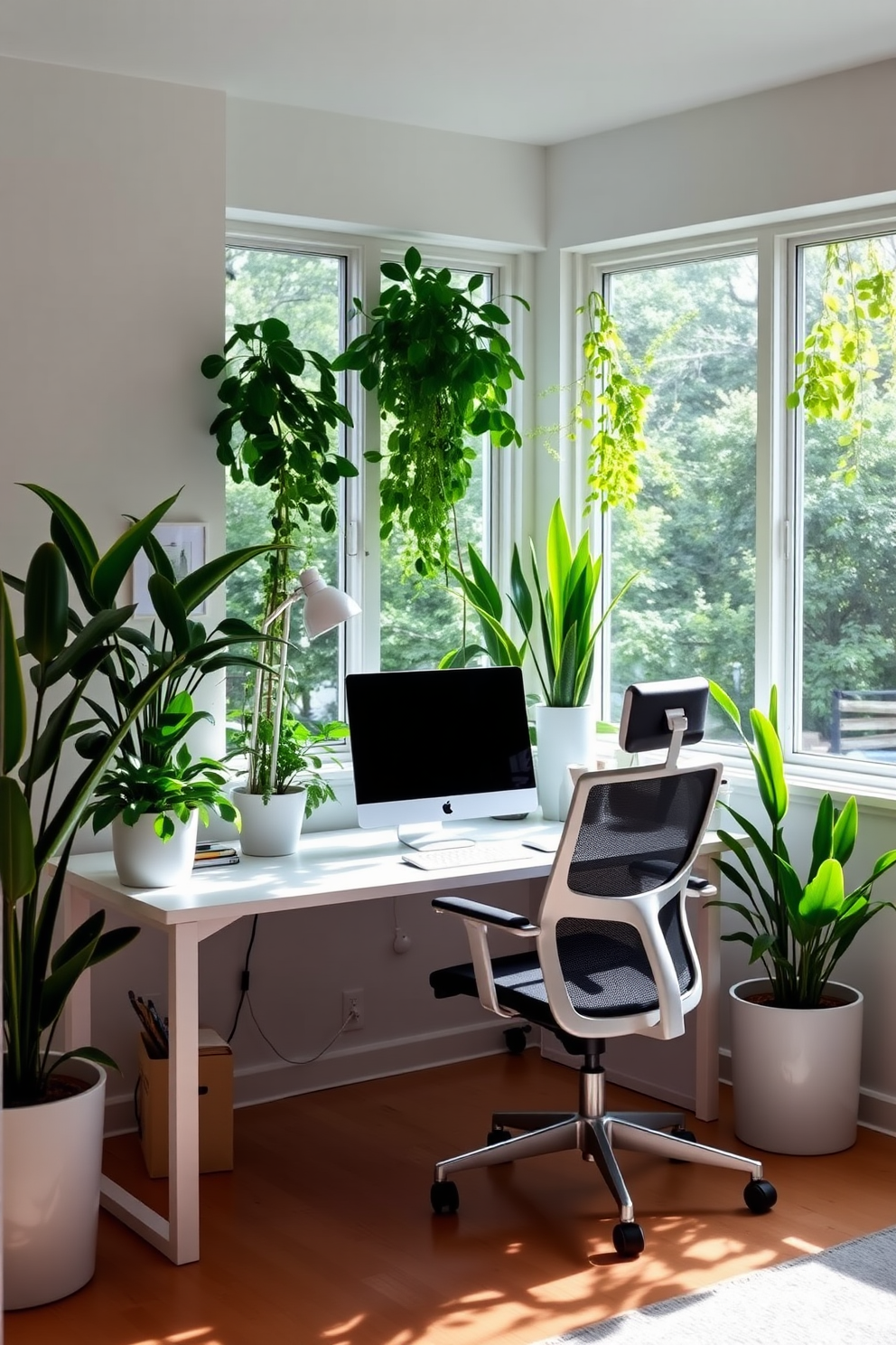 A modern home office featuring built-in shelving that elegantly displays books and decorative items. The walls are painted in a crisp white, creating a bright and airy atmosphere complemented by a sleek desk and ergonomic chair.