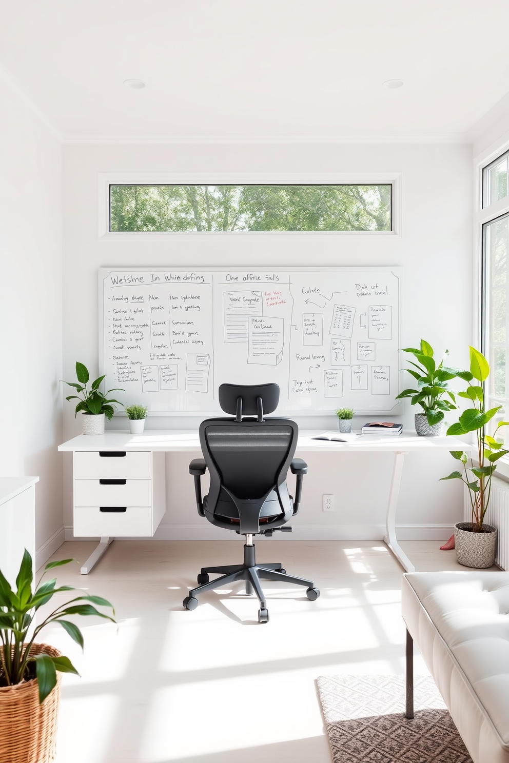 A sleek home office designed with a monochromatic color scheme features a white desk paired with a matching ergonomic chair. The walls are adorned with minimalist white shelving units that display stylish decor and organized office supplies. Natural light floods the space through large windows, highlighting the glossy white finish of the furniture. A plush white area rug anchors the room, adding warmth and comfort to the clean aesthetic.