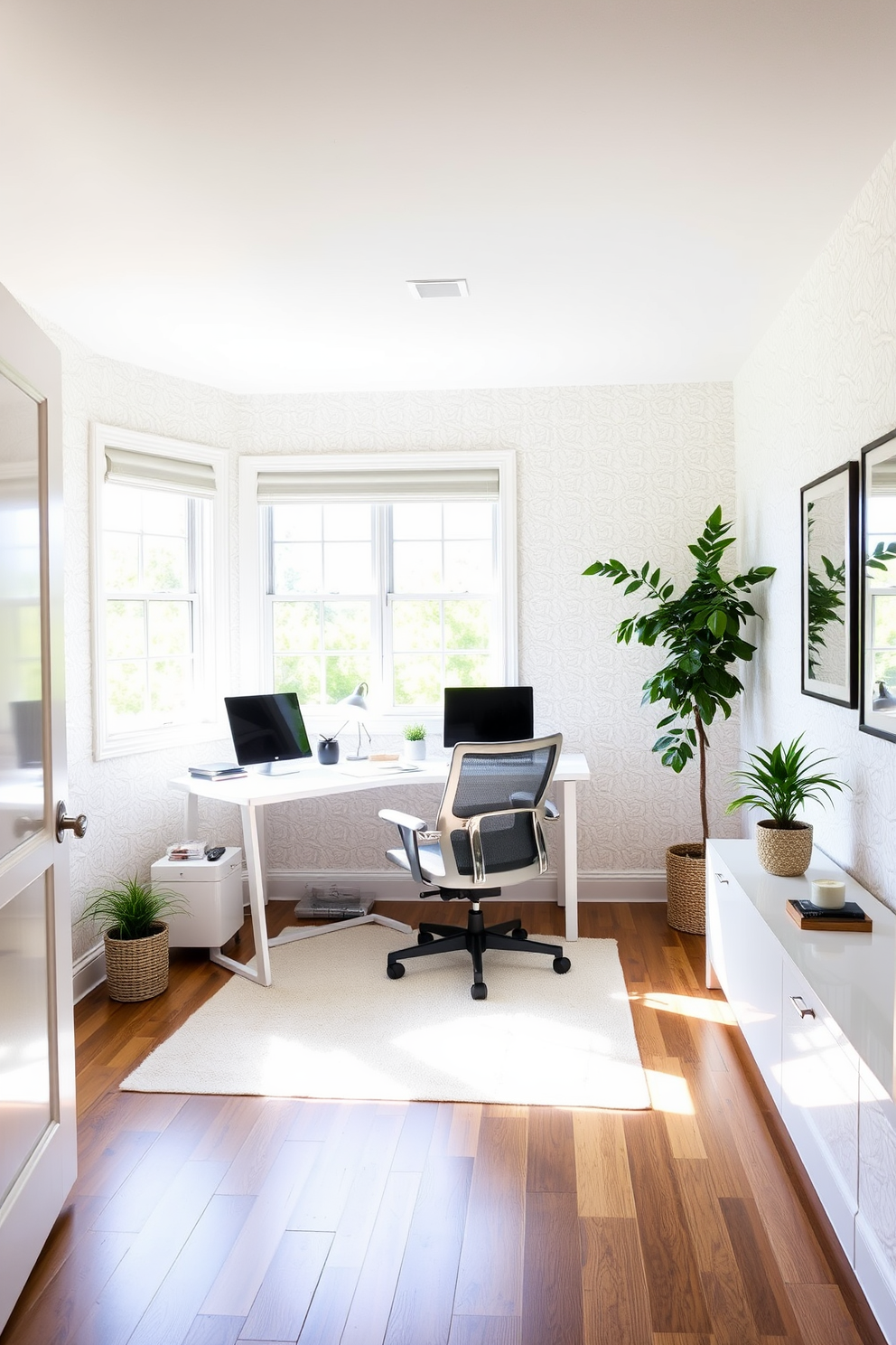 A bright and airy home office features a sleek white sofa positioned against the wall, providing a cozy spot for relaxation. The desk is minimalist with clean lines, and a large window allows natural light to flood the space, enhancing the serene atmosphere. The walls are painted in a soft pastel hue, complementing the white furniture and adding a touch of warmth. Stylish shelves display books and decorative items, creating an inviting and productive workspace.