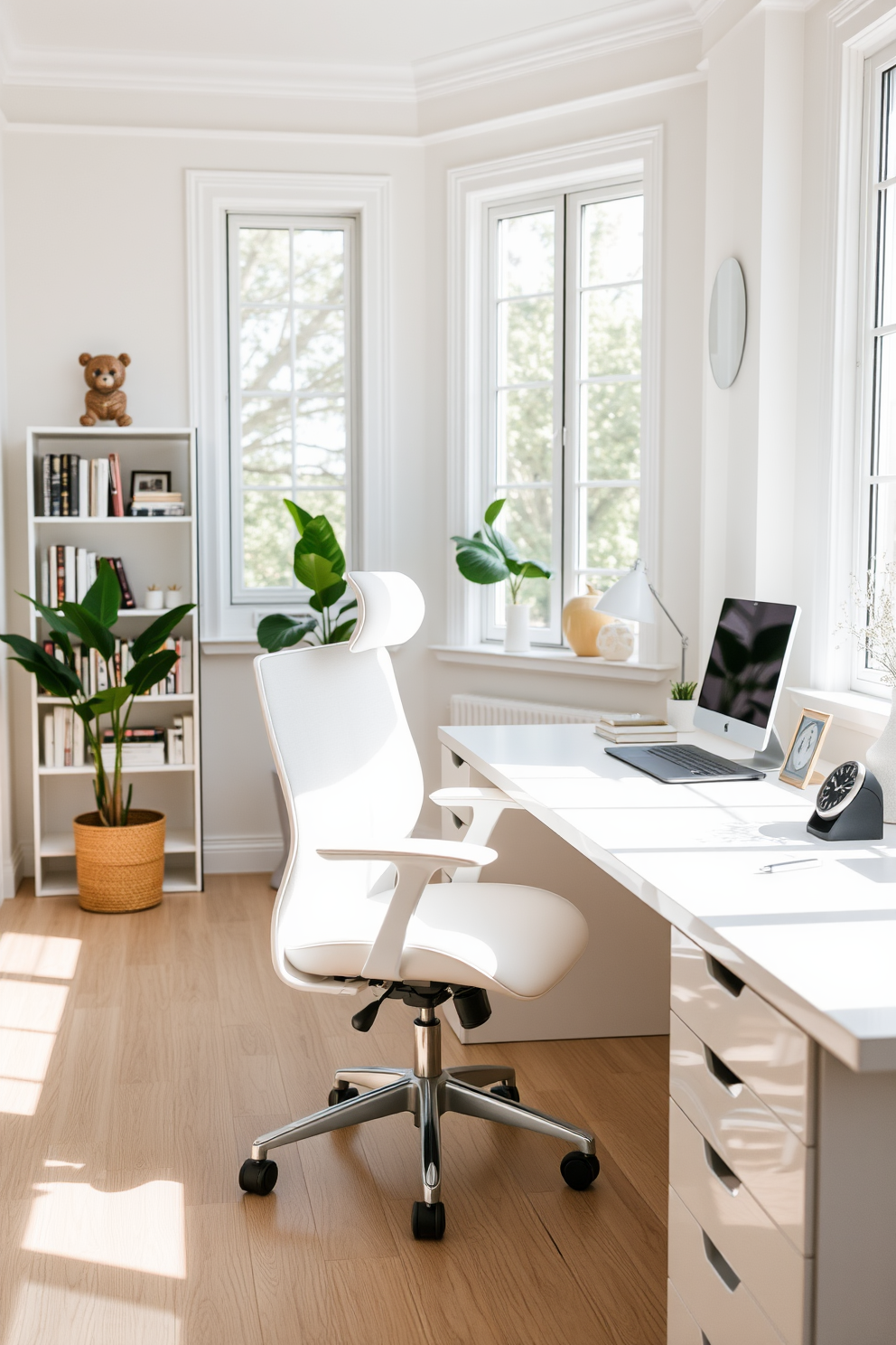 An ergonomic white chair designed for comfort and support is placed in a bright home office. The workspace features a sleek white desk with minimalist decor, creating an atmosphere of productivity and tranquility. Natural light floods the room through large windows, illuminating the soft white walls and light wooden flooring. A stylish bookshelf filled with curated books and decorative items adds a touch of personality to the space.