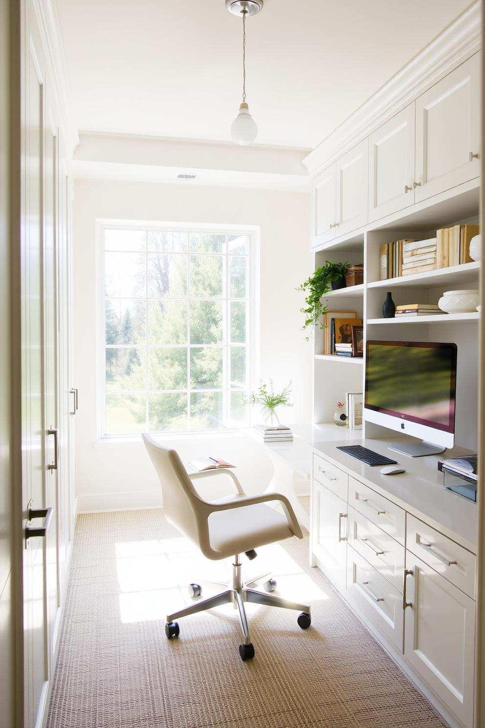 A vintage white desk lamp sits elegantly on a sleek white desk, casting a warm glow across the workspace. The walls are adorned with soft pastel hues, creating a serene backdrop for a stylish home office. A comfortable ergonomic chair complements the desk, featuring a minimalist design that enhances the overall aesthetic. Shelves filled with books and decorative items add personality and charm to the inviting office space.