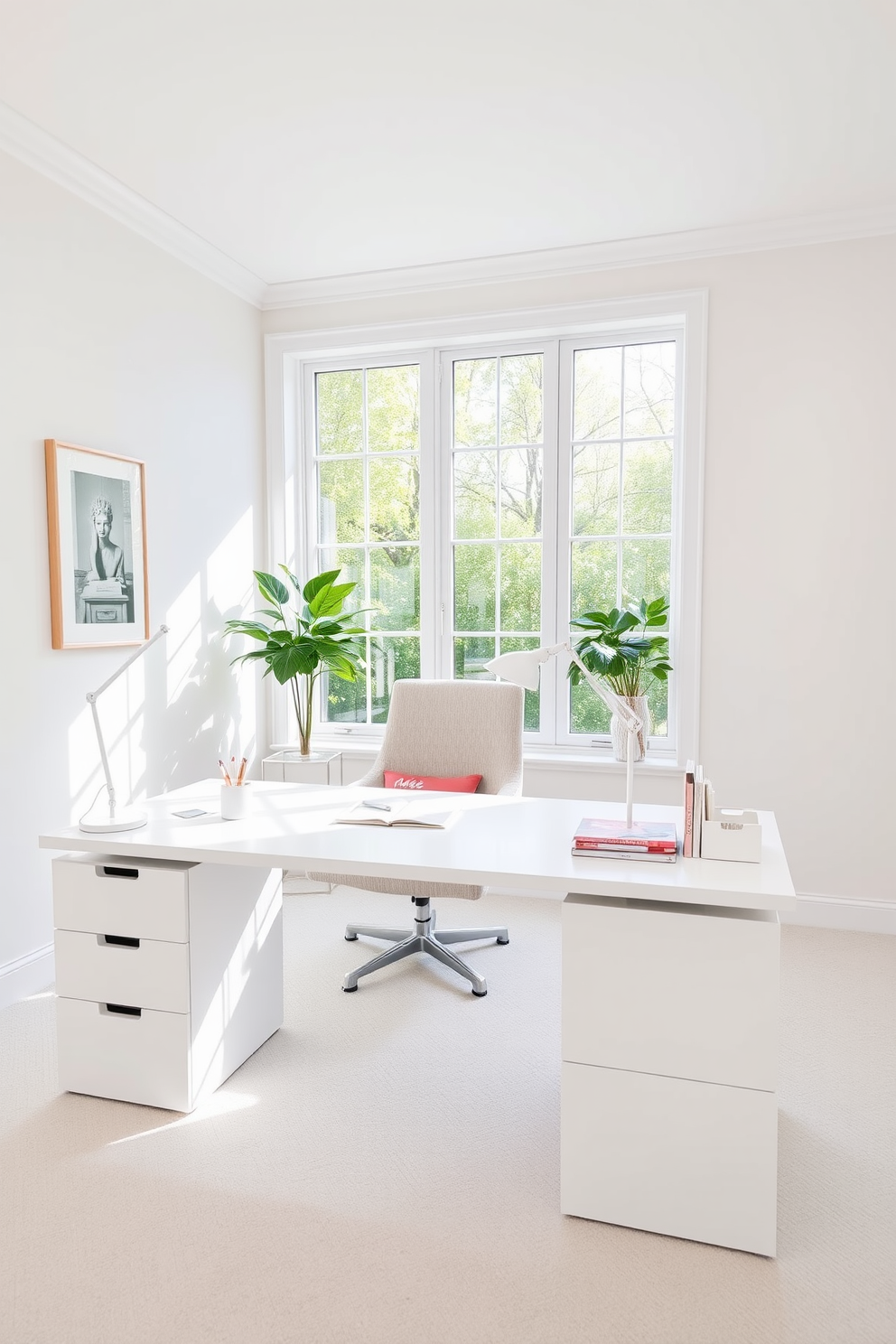 A bright and airy home office designed to maximize natural light. Large floor-to-ceiling windows allow sunlight to flood the space, while a sleek white desk is positioned to face the view. Mirrors are strategically placed on the walls to reflect light and create a sense of openness. The decor features minimalist shelving and a comfortable ergonomic chair, all in a clean white palette to maintain a serene atmosphere.