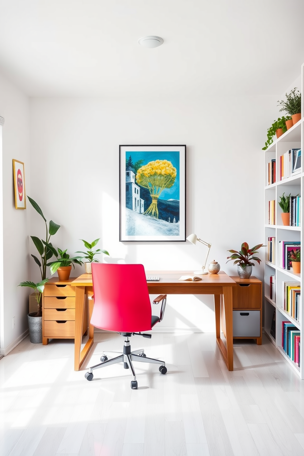 A bright and airy home office with bright white walls that create a sense of openness. Colorful accents in the form of artwork and decorative items add vibrancy and personality to the space. A sleek wooden desk sits in the center, complemented by an ergonomic chair in a bold color. Shelves filled with books and plants line the walls, enhancing the inviting atmosphere of productivity.