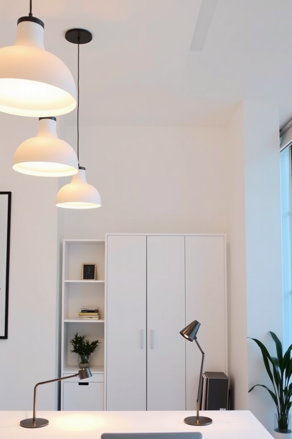 A bright home office features layered lighting with stylish pendant lamps hanging from the ceiling and sleek desk lamps illuminating the workspace. The walls are painted in a soft white hue, complemented by minimalist furniture that enhances the airy feel of the room.