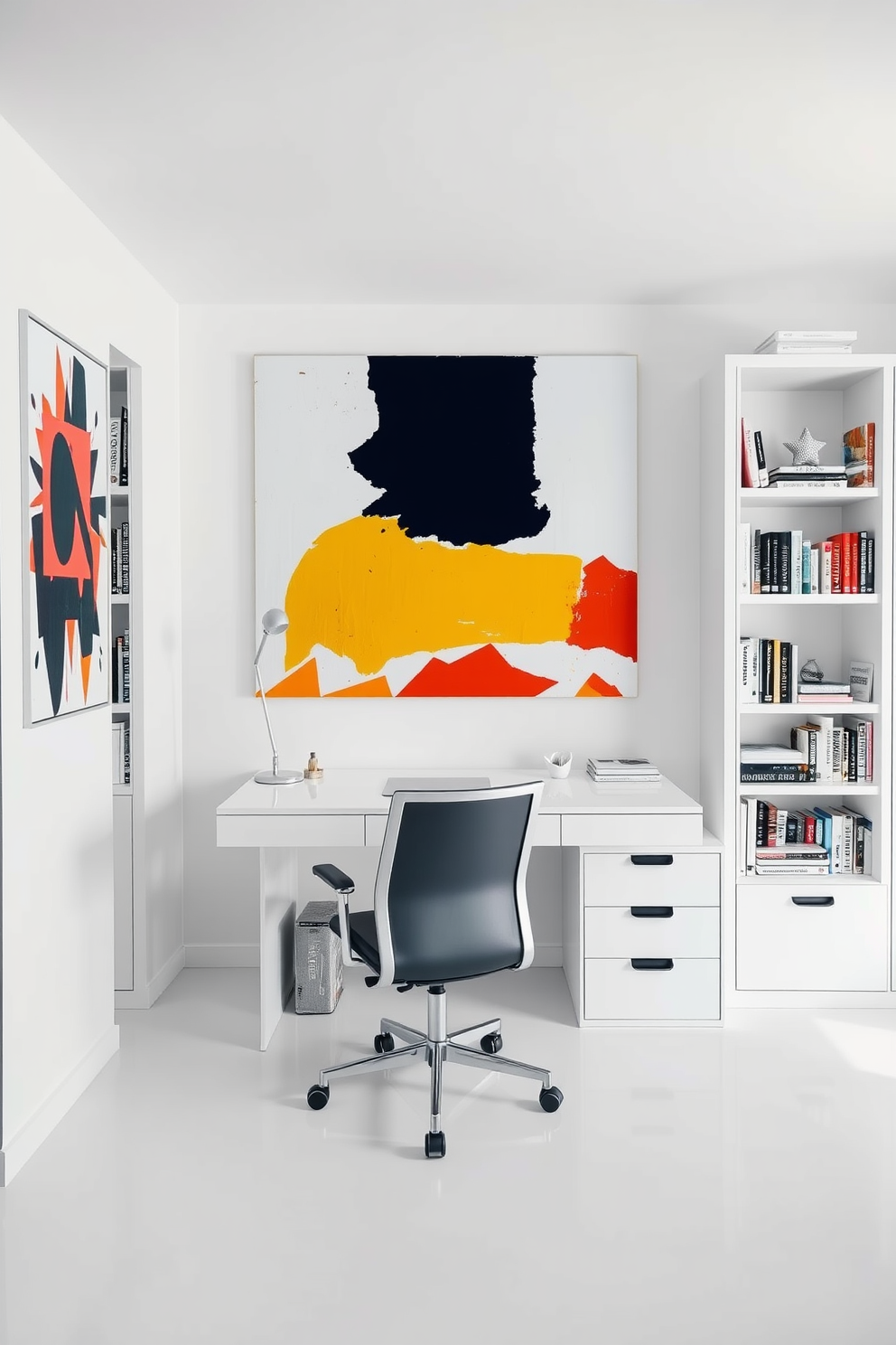 Bold artwork against a white backdrop. The walls are adorned with large, colorful paintings that create a striking contrast with the minimalist white decor. White home office design ideas. The workspace features a sleek white desk paired with an ergonomic chair, surrounded by shelves filled with books and decorative items that enhance the clean aesthetic.