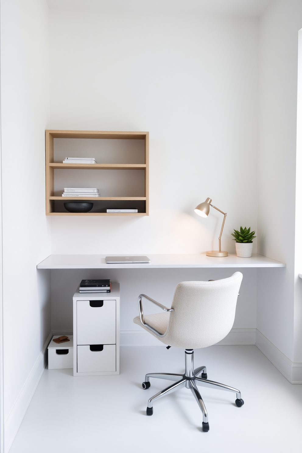 A functional workspace featuring layered lighting that enhances productivity. The design includes a sleek white desk paired with an ergonomic chair, with warm LED lights illuminating the area. Natural light floods in through large windows, complemented by adjustable pendant lights overhead. Shelves lined with books and decorative items add a personal touch to the clean and modern aesthetic.