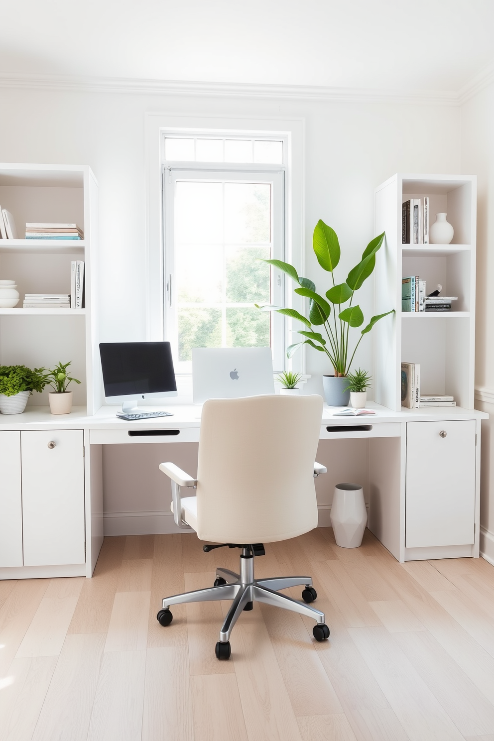 A sleek white desk with integrated power outlets is positioned against a bright window, allowing natural light to flood the space. The surrounding walls are adorned with minimalist artwork, and a plush ergonomic chair complements the modern aesthetic. The floor features light hardwood that contrasts beautifully with the white furniture. Potted plants are strategically placed to add a touch of greenery and warmth to the home office environment.