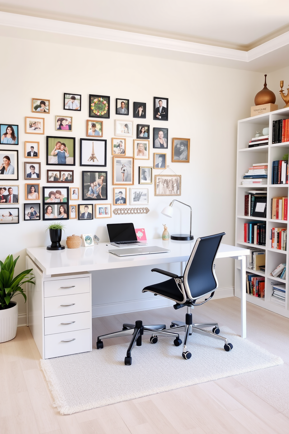 A bright and airy home office features a large window that floods the space with natural light. In one corner, a cozy reading nook is created with a plush armchair and a small side table, adorned with a stack of books and a warm throw blanket. The walls are painted in a soft white hue, enhancing the room's openness. A sleek white desk with minimalist design sits opposite the reading nook, complemented by a stylish desk lamp and organized stationery.