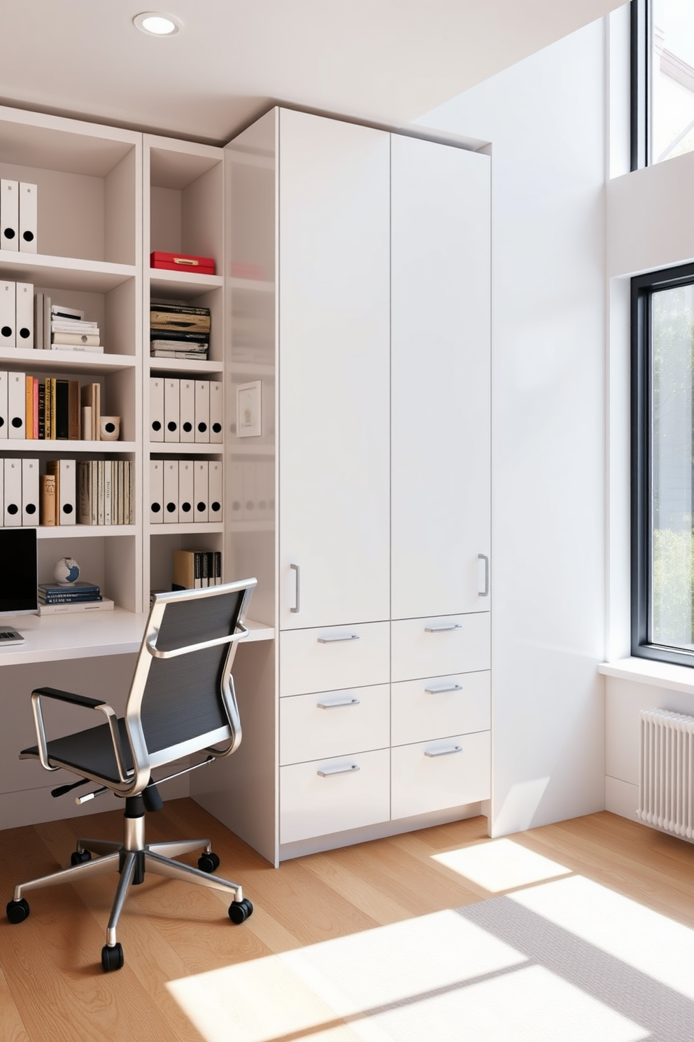 A bright and airy home office featuring open shelving that provides easy access to books and office supplies. The walls are painted in a soft white hue, complemented by a sleek desk and a comfortable ergonomic chair.