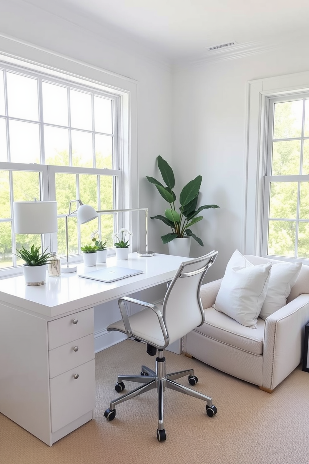 A sophisticated home office space featuring a white and gray color palette. The room includes a sleek white desk with a gray ergonomic chair, complemented by a stylish bookshelf filled with neatly arranged books and decorative items.