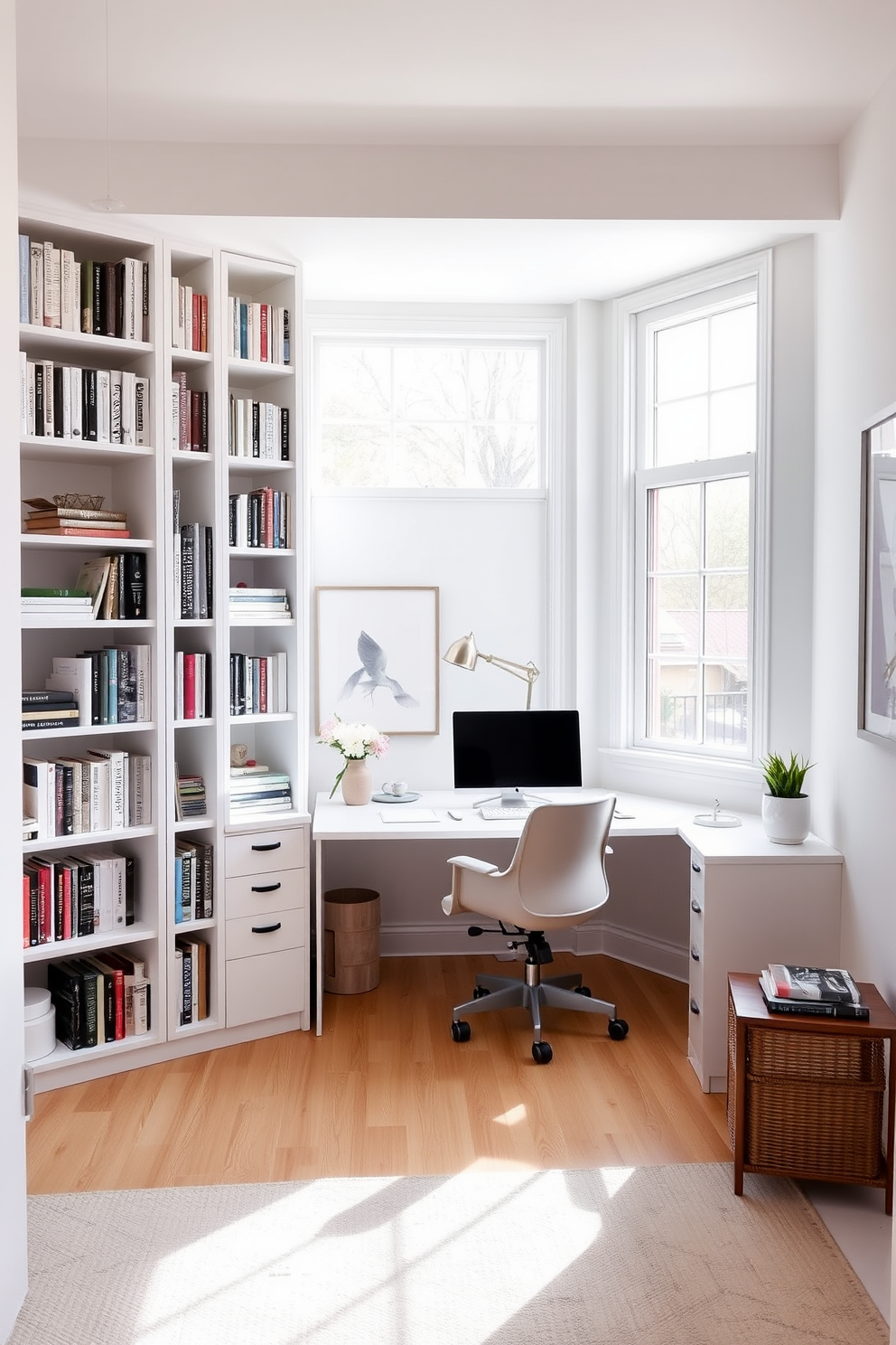 A bright and airy home office features a sleek white bookshelf that adds both style and functionality to the space. The bookshelf is filled with neatly arranged books and decorative items, creating an inviting atmosphere for productivity. The office desk is positioned near a large window, allowing natural light to flood the room. Soft, neutral colors on the walls complement the white furniture, while a comfortable chair provides a cozy spot for reading or working.