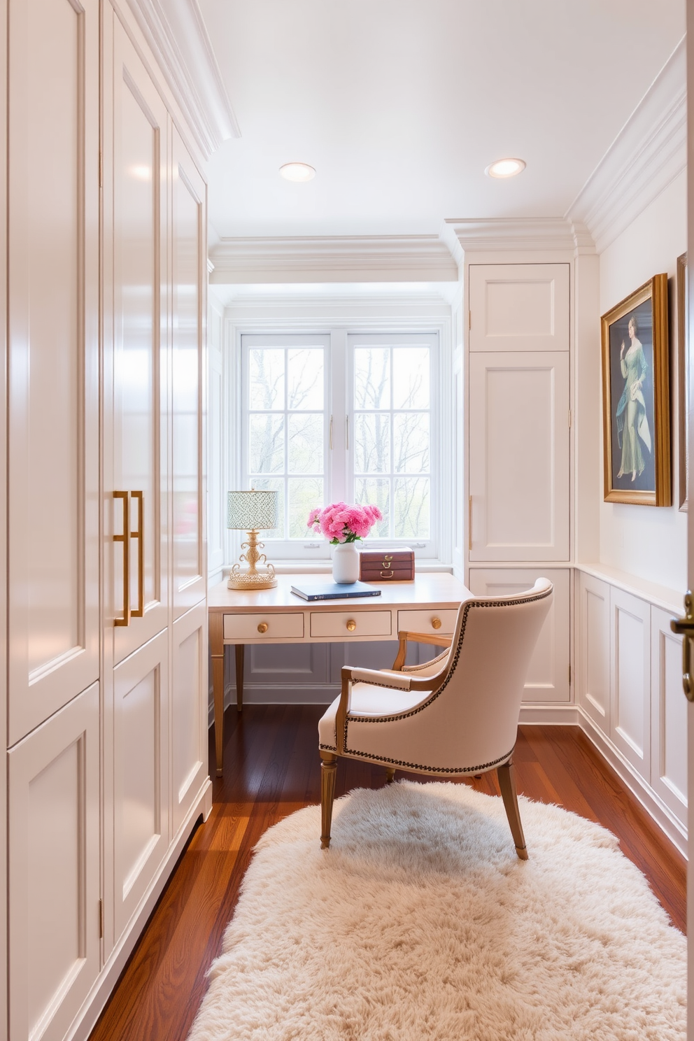 A bright and airy home office features white cabinetry with gold hardware accents, creating a luxurious and inviting atmosphere. The space is complemented by a large wooden desk, a comfortable ergonomic chair, and ample natural light streaming through large windows.