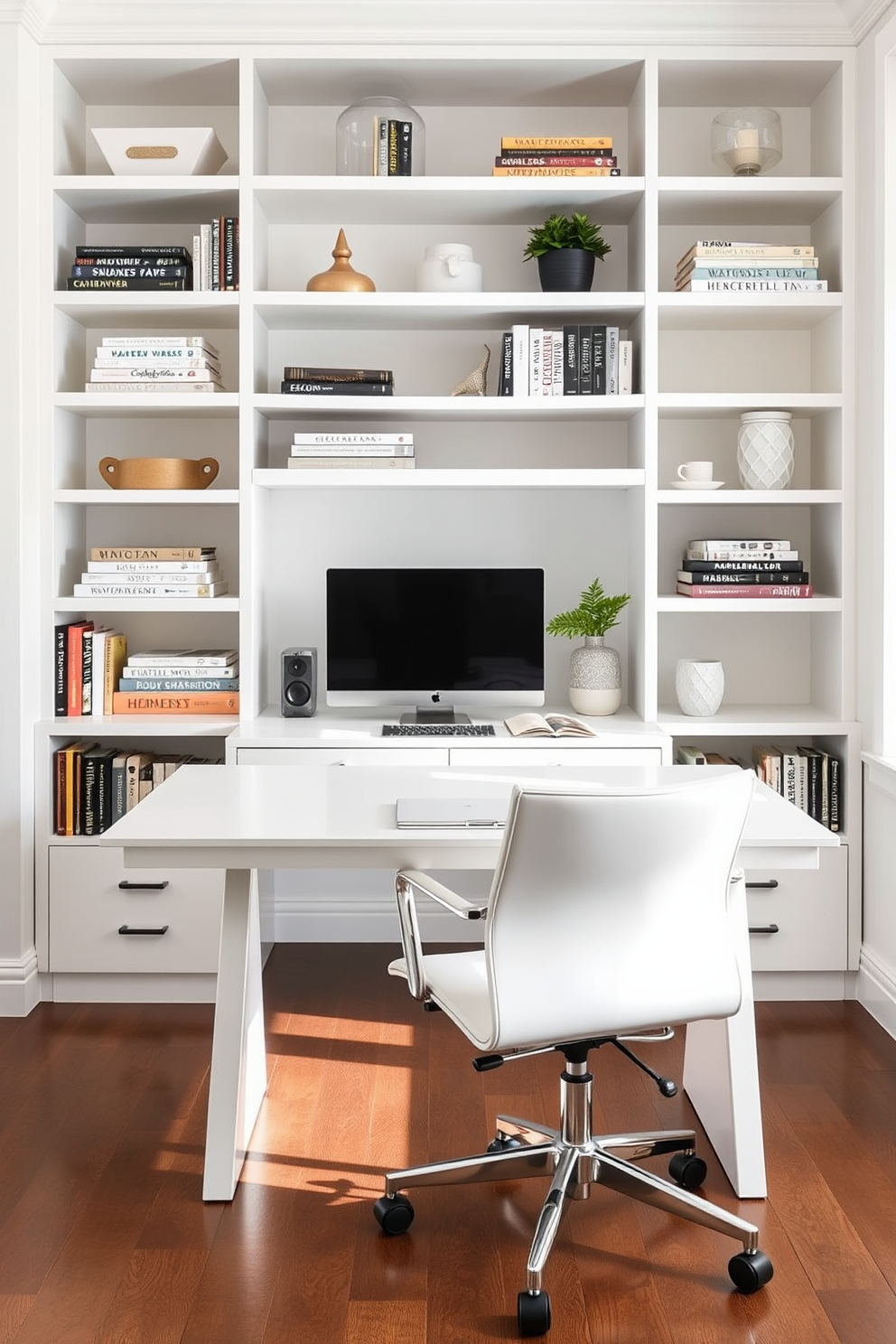 A modern home office featuring a sleek white desk with minimalist design elements. The walls are adorned with creative wall decals that add a pop of color and personality to the space. Natural light floods the room through large windows, illuminating the white shelving units filled with books and decorative items. A comfortable ergonomic chair complements the desk, creating an inviting and productive workspace.