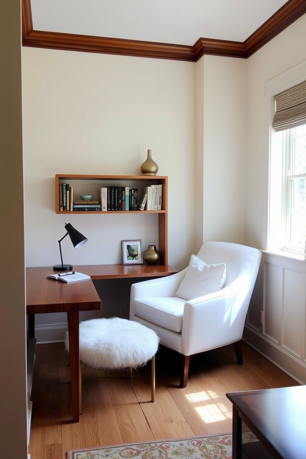 Cozy nook featuring a plush white armchair positioned beside a sleek wooden desk. Soft natural light filters through a nearby window, illuminating the space and creating a warm, inviting atmosphere. The walls are painted in a soft cream color, enhancing the feeling of openness. A small bookshelf filled with curated books and decorative items adds personality to the room.