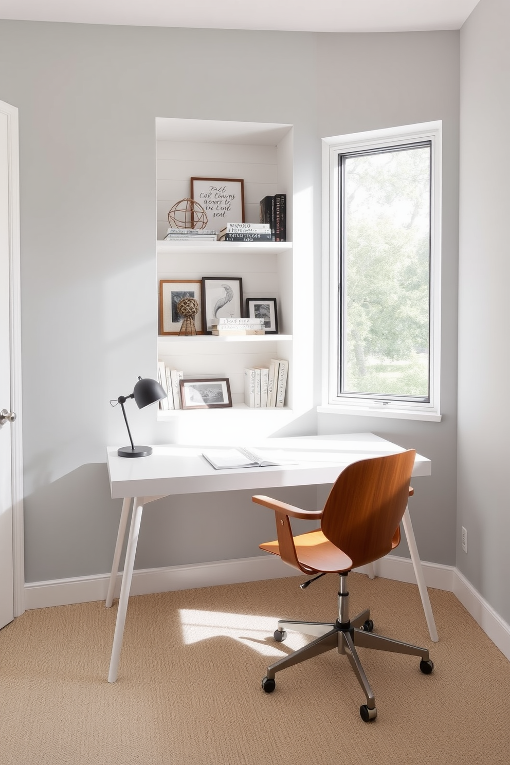 A spacious home office featuring a large whiteboard mounted on the wall for brainstorming ideas. The room is filled with natural light from large windows, and a sleek desk is positioned in front of the whiteboard with a comfortable ergonomic chair. The color palette consists of soft white walls and light wood accents to create a calming atmosphere. A stylish bookshelf filled with books and decorative items adds personality to the space while a small potted plant sits on the desk to bring a touch of greenery.