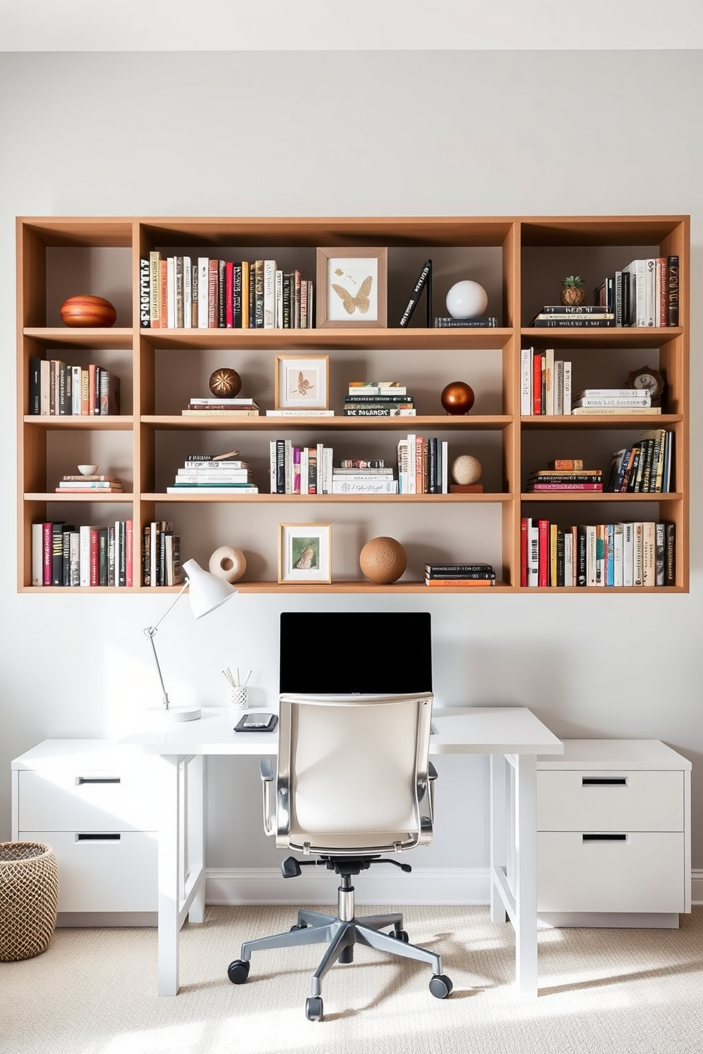 A bright and airy home office features open shelving against a light gray wall, showcasing an array of books and decorative items. A sleek white desk sits in front of the shelves, complemented by an ergonomic chair and a stylish desk lamp.