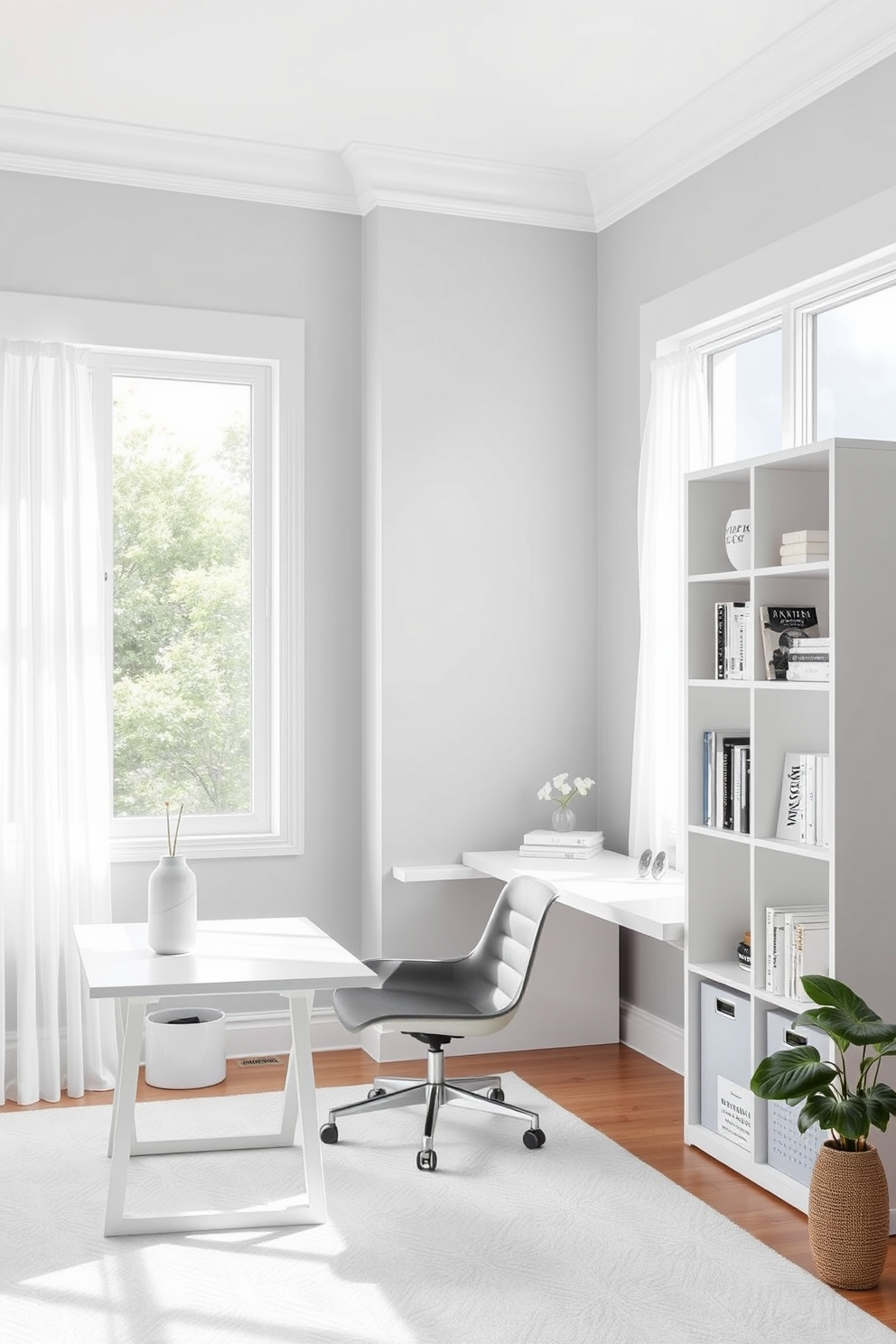 A modern home office design featuring a white and gray color scheme. The walls are painted a soft gray while the furniture includes a sleek white desk and a comfortable gray chair. Natural light floods the space through large windows adorned with sheer white curtains. A minimalist bookshelf in white holds neatly arranged books and decorative items, creating a serene and organized atmosphere.