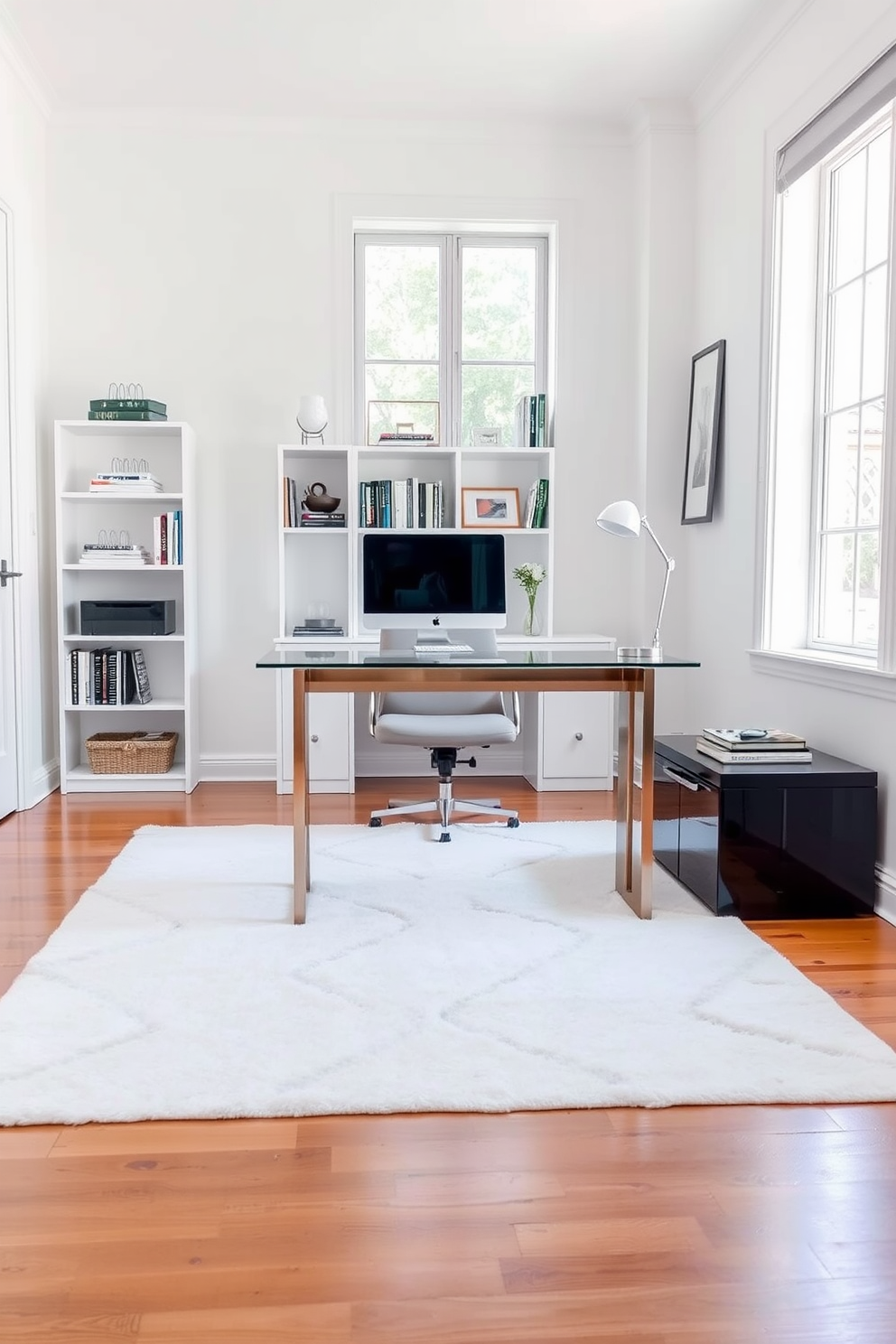 A bright and airy home office featuring soft white curtains that allow natural light to filter in. The space is adorned with a sleek white desk and a comfortable ergonomic chair, complemented by a minimalist bookshelf filled with neatly organized books.