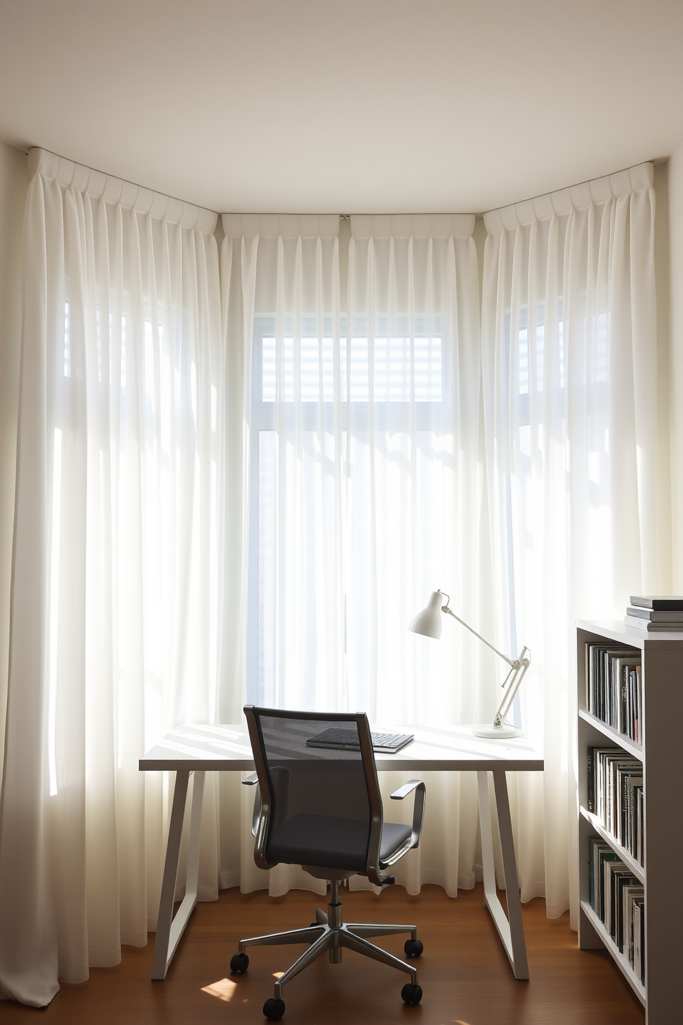 A bright and airy home office bathed in natural light. Sheer white curtains gently filter sunlight, creating a warm and inviting atmosphere. The workspace features a sleek white desk paired with a comfortable ergonomic chair. A minimalist bookshelf lined with neatly organized books adds a touch of sophistication to the design.