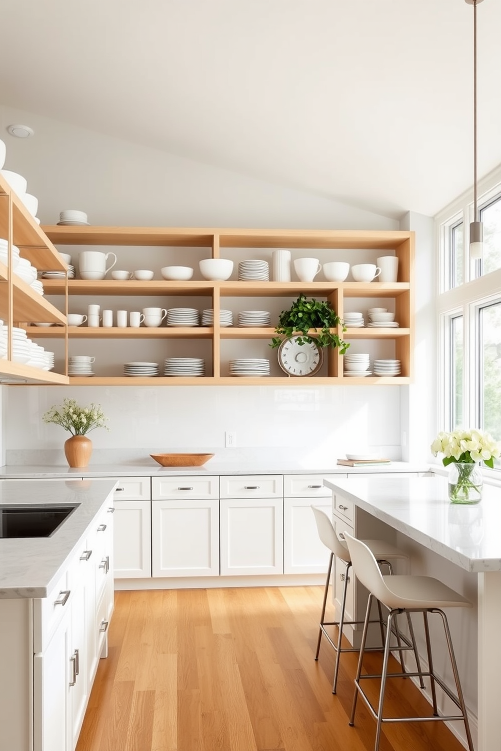 Open shelving showcases an elegant arrangement of white dishware, creating a clean and airy feel in the kitchen. The shelves are made of light wood, complementing the bright white cabinetry and quartz countertops. The kitchen features a spacious island with bar stools, perfect for casual dining and entertaining. Large windows allow natural light to flood the space, enhancing the fresh and inviting atmosphere.