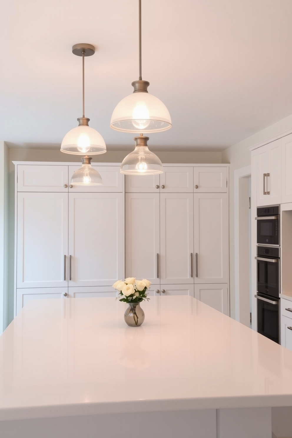 Bright pendant lights hang elegantly over a spacious kitchen island, illuminating the area with a warm glow. The kitchen features sleek white cabinetry with minimalist hardware, creating a clean and modern aesthetic.