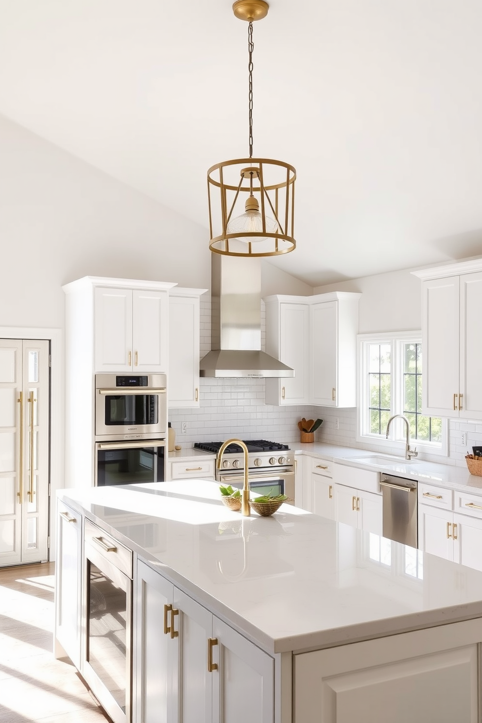 A bright and airy kitchen featuring a mix of metal fixtures including brass handles and stainless steel appliances. The cabinetry is painted in a crisp white with a large island at the center topped with a sleek quartz countertop. Natural light floods the space through large windows, highlighting the open layout. A stylish pendant light with a unique design hangs above the island, adding a touch of elegance to the overall aesthetic.