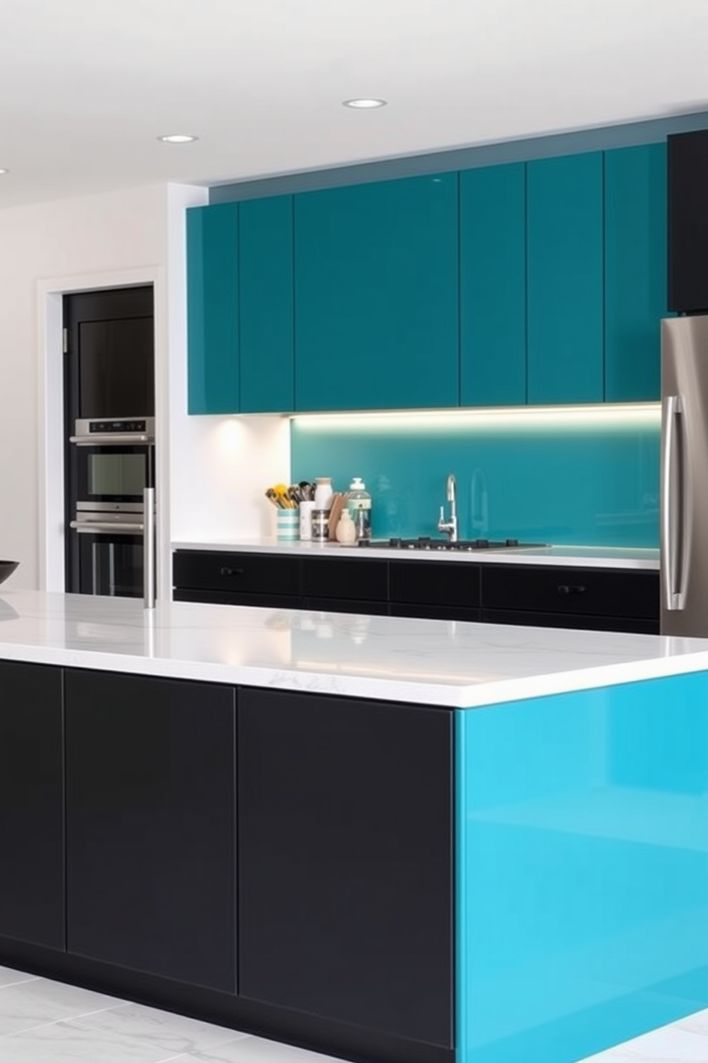 A modern kitchen featuring two-tone cabinetry in bold colors. The upper cabinets are a vibrant teal while the lower cabinets are a sleek matte black, creating a striking contrast. The countertops are made of white quartz with subtle gray veining. Stainless steel appliances add a touch of sophistication to the overall design.