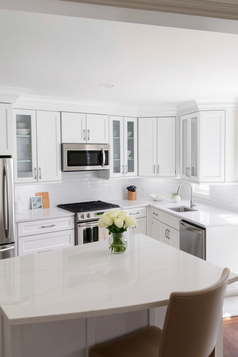 Cozy breakfast nook with white cushions. A round wooden table is surrounded by soft white cushioned chairs, creating an inviting atmosphere for morning meals. White kitchen design ideas. The cabinetry is sleek and modern, featuring a glossy white finish, complemented by stainless steel appliances and a large island with white marble countertops.