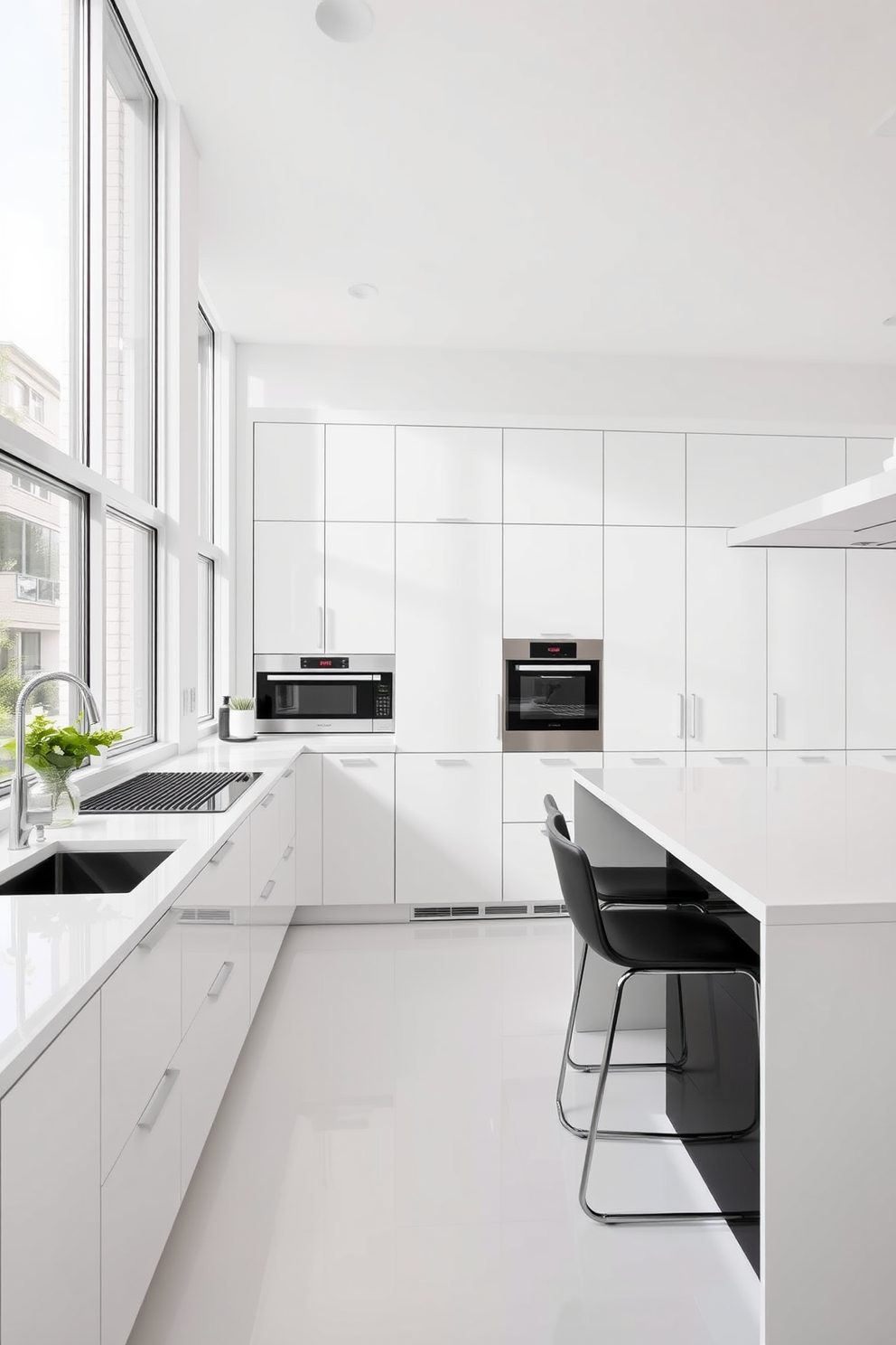 A modern white kitchen featuring integrated appliances that create a seamless and cohesive look. The cabinetry is sleek and minimalistic, with a glossy finish that complements the white countertops. The kitchen island serves as both a functional workspace and a social hub, adorned with stylish bar stools. Large windows allow natural light to flood the space, highlighting the elegant design and inviting atmosphere.