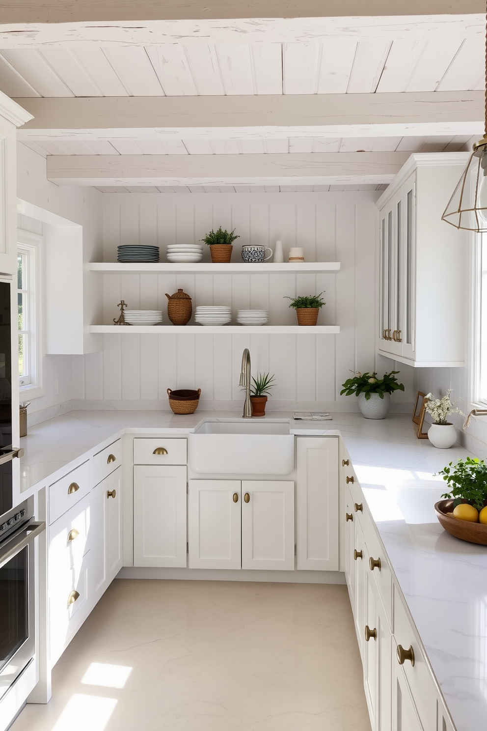 A bright and airy kitchen featuring whitewashed wood beams that enhance the rustic charm of the space. The cabinetry is a soft white with brushed brass hardware, complemented by a large farmhouse sink and a cozy breakfast nook bathed in natural light. The countertops are a stunning white marble with subtle gray veining, providing a clean and elegant contrast. Open shelving displays curated dishware and decorative plants, adding warmth and personality to the kitchen environment.