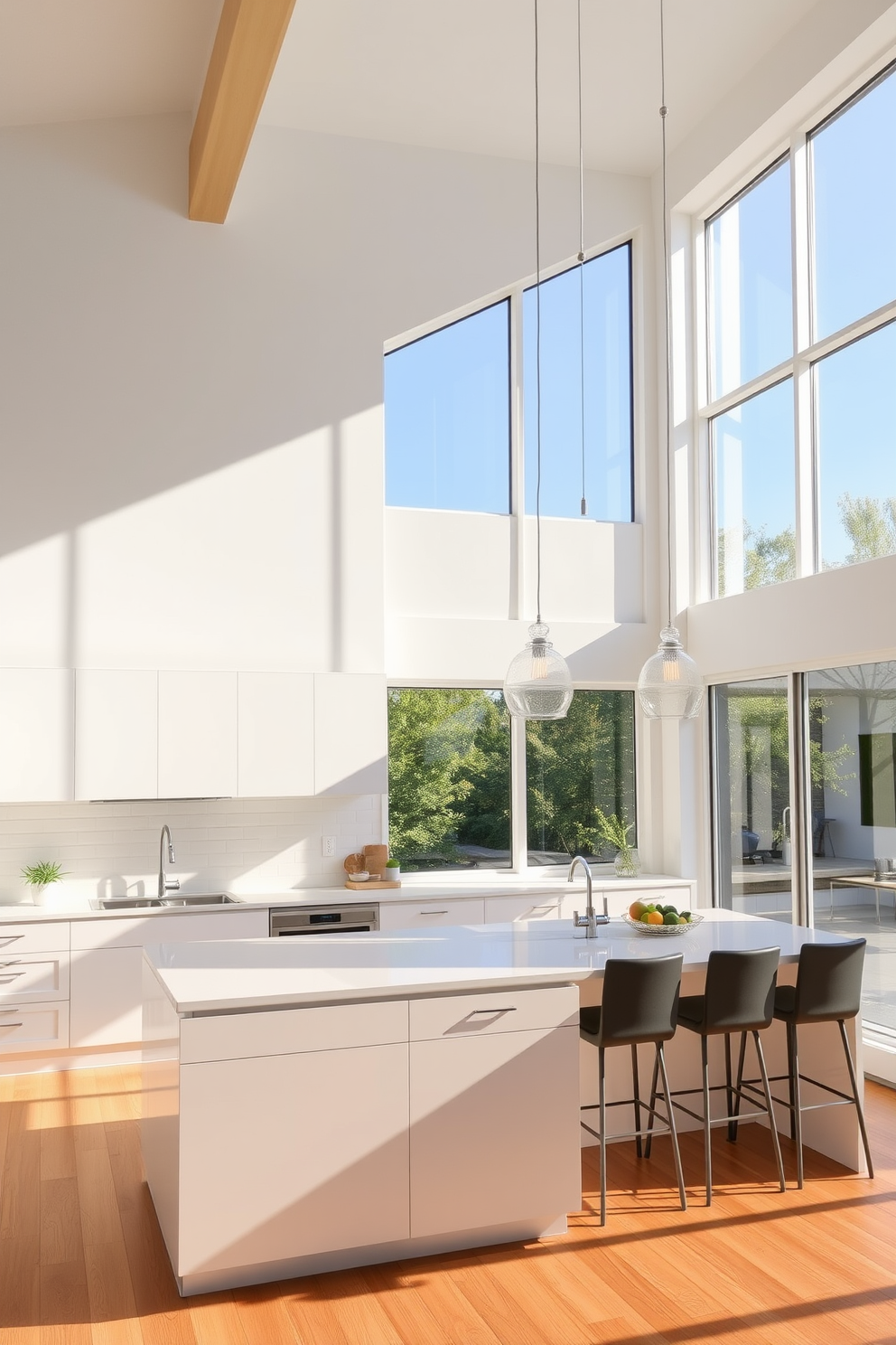 A bright and airy kitchen featuring large windows that flood the space with natural light. The design includes sleek white cabinetry, a spacious island with bar seating, and elegant pendant lights hanging above.