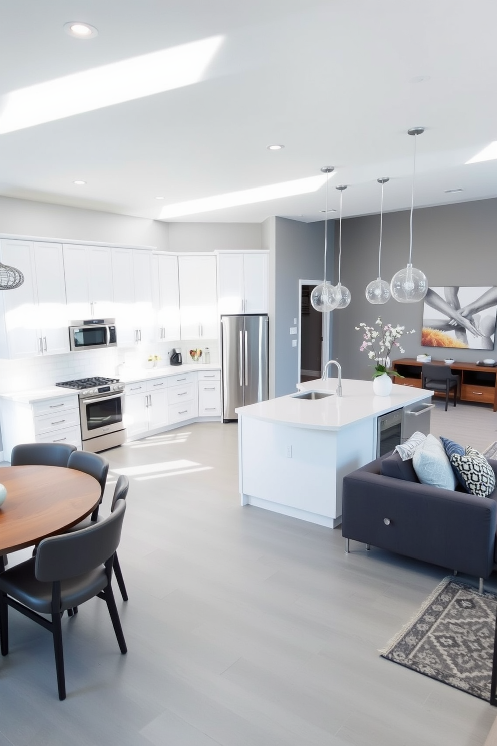 Classic shaker style cabinets in white create a timeless and elegant kitchen atmosphere. The space features a large central island with a white marble countertop, complemented by stylish bar stools for casual dining.