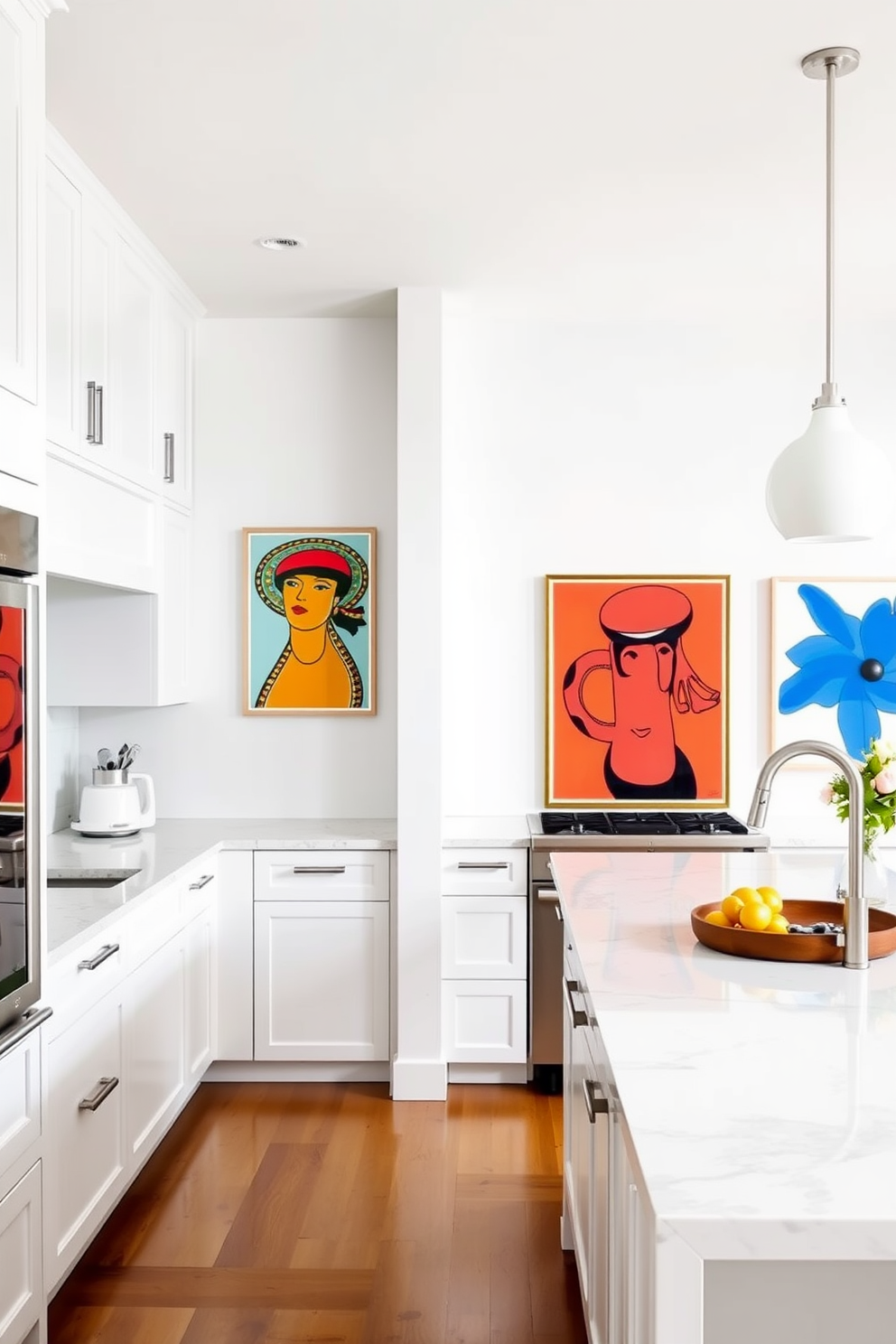 A bright and airy white kitchen featuring bold artwork that adds a splash of personality to the space. The cabinetry is sleek and modern, complemented by a large island with a polished quartz countertop, while vibrant art pieces hang on the walls, creating a striking focal point.