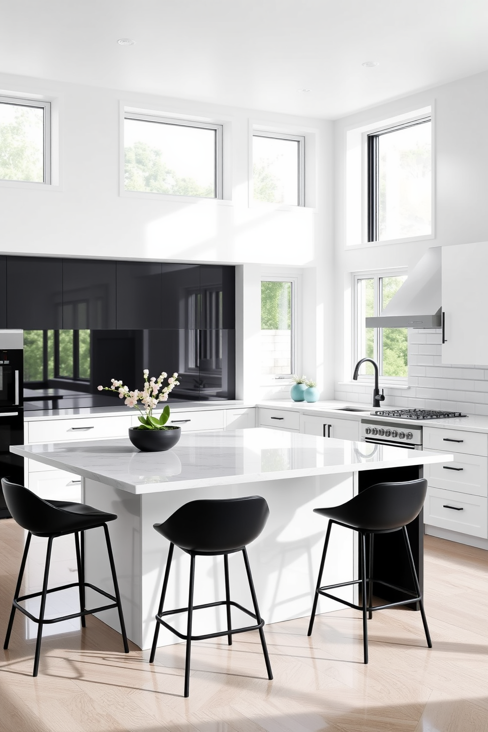 Open shelving showcases an array of vintage dishware, adding a touch of nostalgia to the space. The kitchen features crisp white cabinetry with a sleek countertop, creating a bright and airy atmosphere.