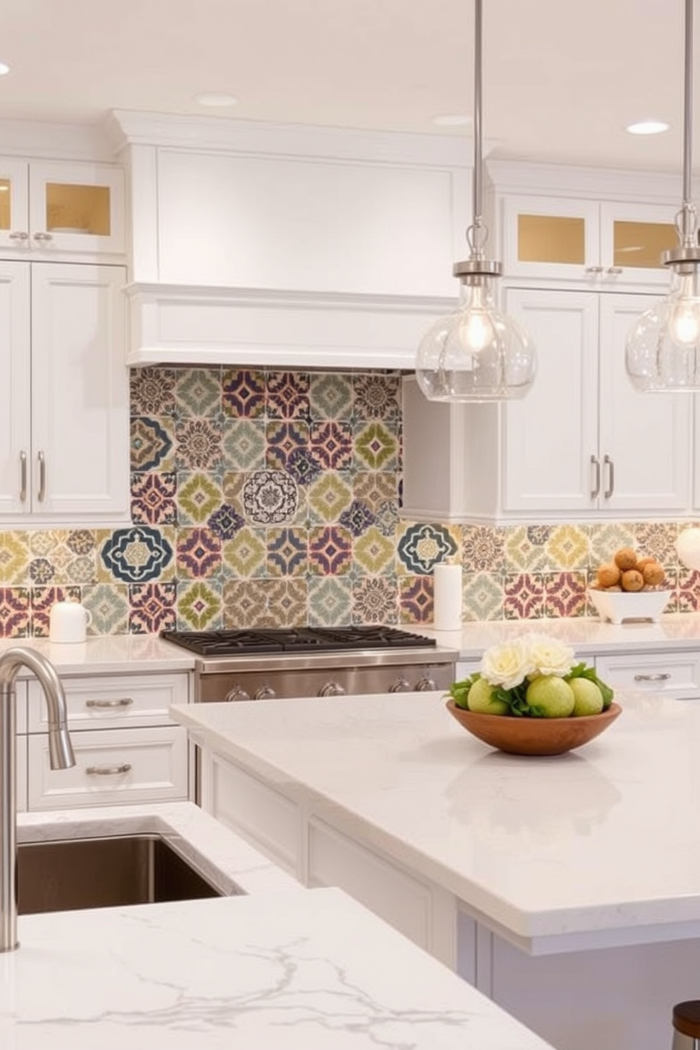 Decorative tile patterns for visual interest. Imagine a vibrant kitchen backsplash featuring intricate geometric tile designs in various colors that create a stunning focal point. White kitchen design ideas. Envision a spacious kitchen with sleek white cabinetry, complemented by a large island with a white quartz countertop and modern pendant lighting above.