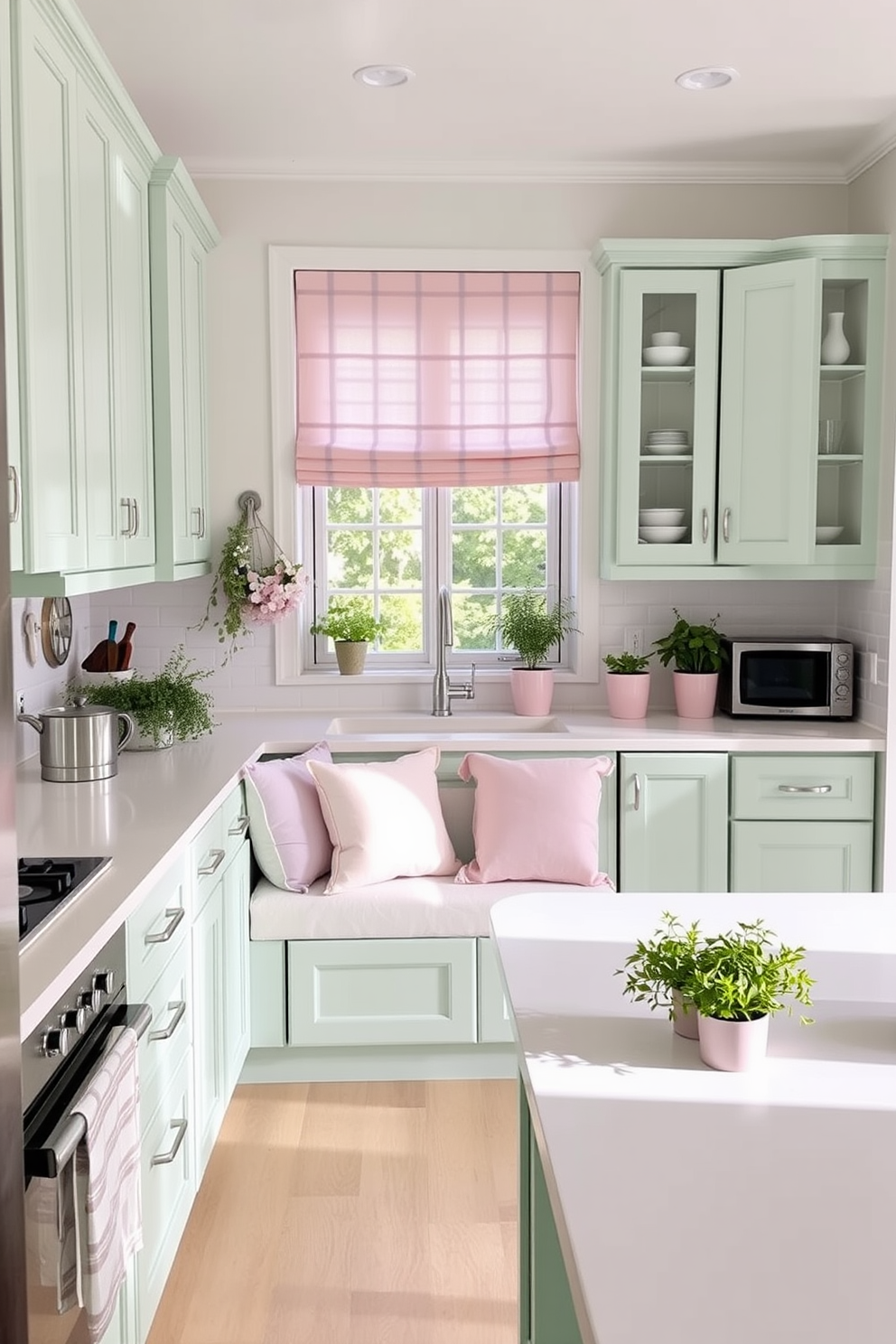 A bright and airy kitchen featuring soft pastel accents that create a fresh and inviting atmosphere. The cabinetry is painted in a light mint green, complemented by delicate pink and lavender accessories throughout the space. The countertops are a clean white quartz, providing a modern touch while enhancing the pastel theme. A cozy breakfast nook with pastel-colored cushions invites relaxation, and fresh herbs in small pots add a lively, organic element to the design.