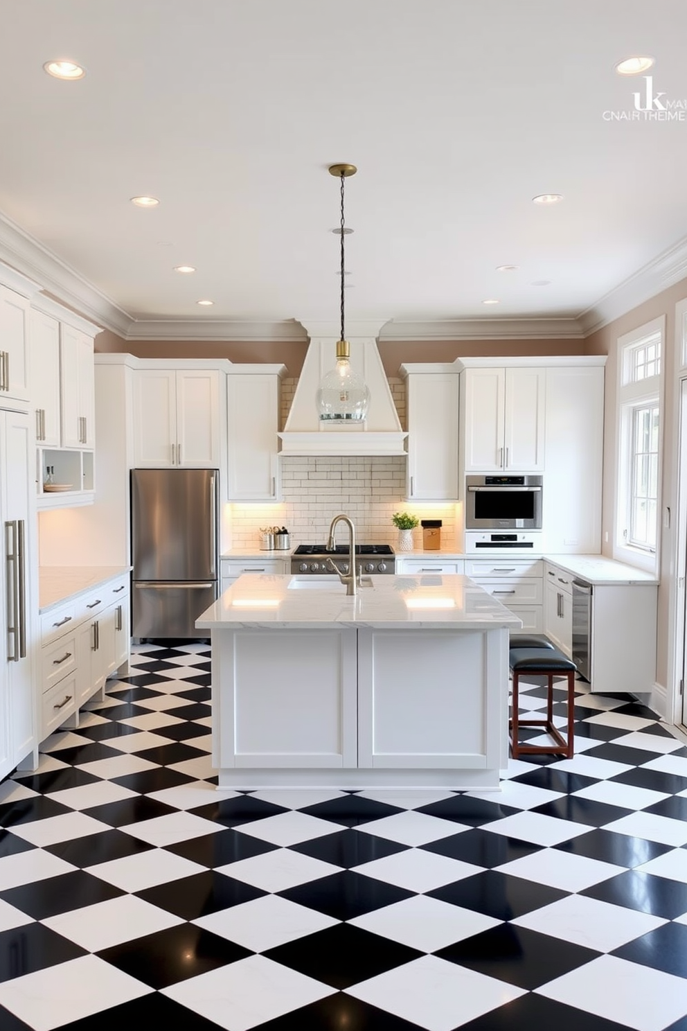 A stunning white kitchen featuring a contrasting island painted in navy blue. The cabinetry is sleek and modern, with stainless steel appliances seamlessly integrated into the design. The island serves as a focal point, adorned with stylish bar stools that invite casual dining. Bright pendant lights hang above, illuminating the space and enhancing the clean lines of the kitchen.