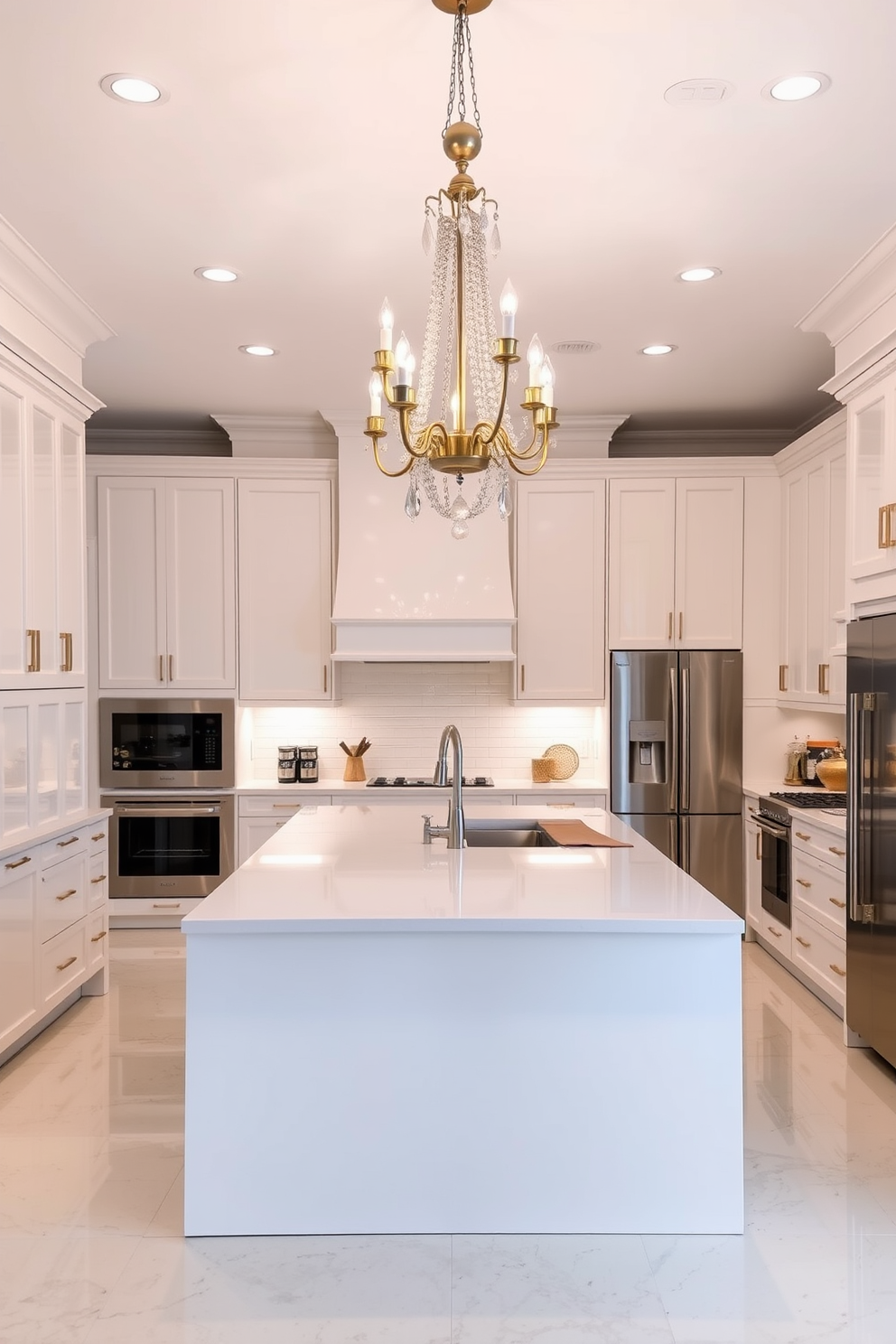 A stunning white kitchen featuring elegant chandeliers that add a touch of glamour to the space. The cabinets are sleek and modern with a glossy finish, complemented by a large island in the center topped with white quartz. The chandeliers hang gracefully above the island, casting a warm glow over the kitchen. Stainless steel appliances and subtle gold accents enhance the overall elegance of the design.