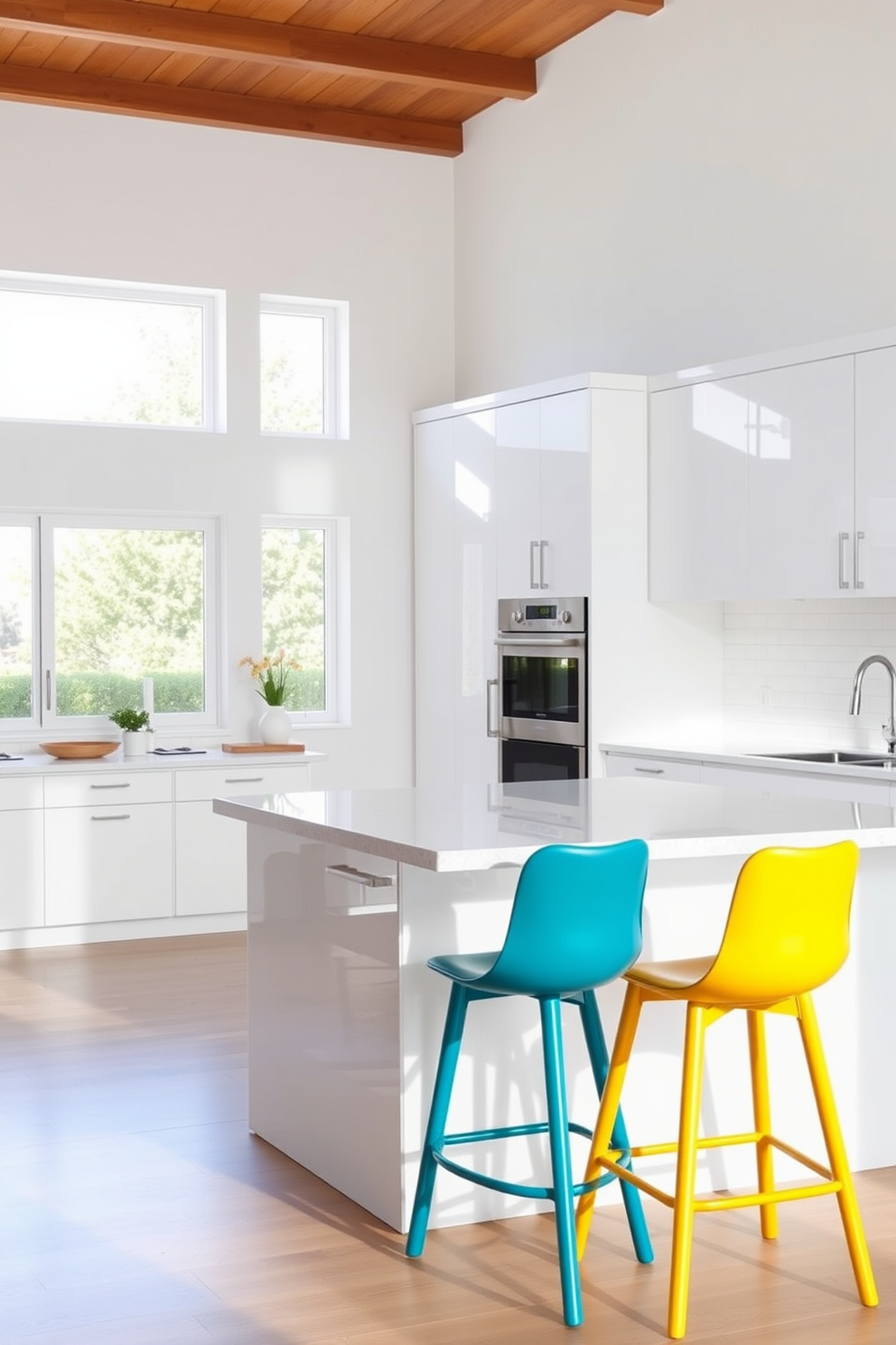 A bright and airy kitchen featuring whitewashed wood accents that enhance its rustic charm. The cabinetry is a soft white, complemented by open wooden shelves that display charming dishware and plants. The countertops are a warm, natural wood that contrasts beautifully with the white cabinetry. A farmhouse sink is centered beneath a window, allowing natural light to flood the space.