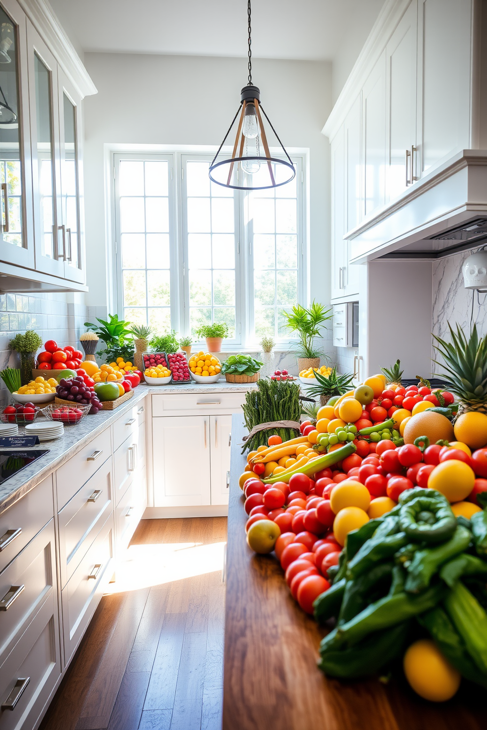 Bright fruit and vegetable displays are arranged in vibrant colors, showcasing an array of fresh produce on a large wooden island. The kitchen features white cabinetry with sleek handles, complemented by a marble backsplash that reflects natural light. Natural light floods the space through large windows, illuminating the bright colors of the fruits and vegetables. A stylish pendant light hangs above the island, adding a modern touch to the overall design.