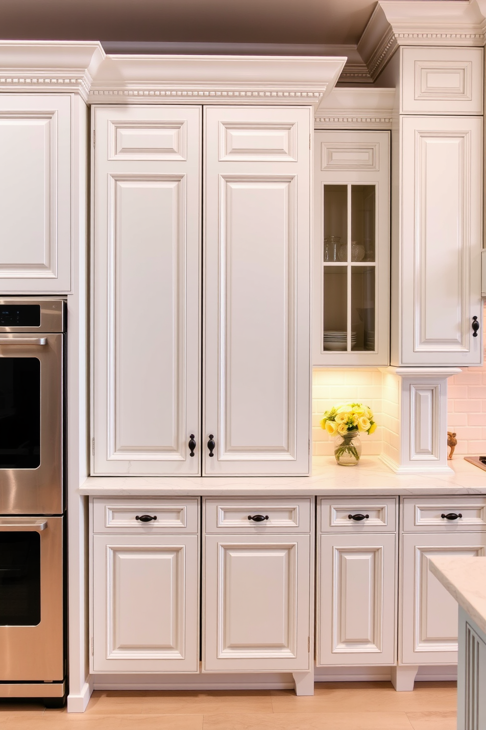 Custom cabinetry with intricate details creates a stunning focal point in a white kitchen. The cabinetry features elegant moldings and hardware, seamlessly blending functionality with high-end aesthetics.