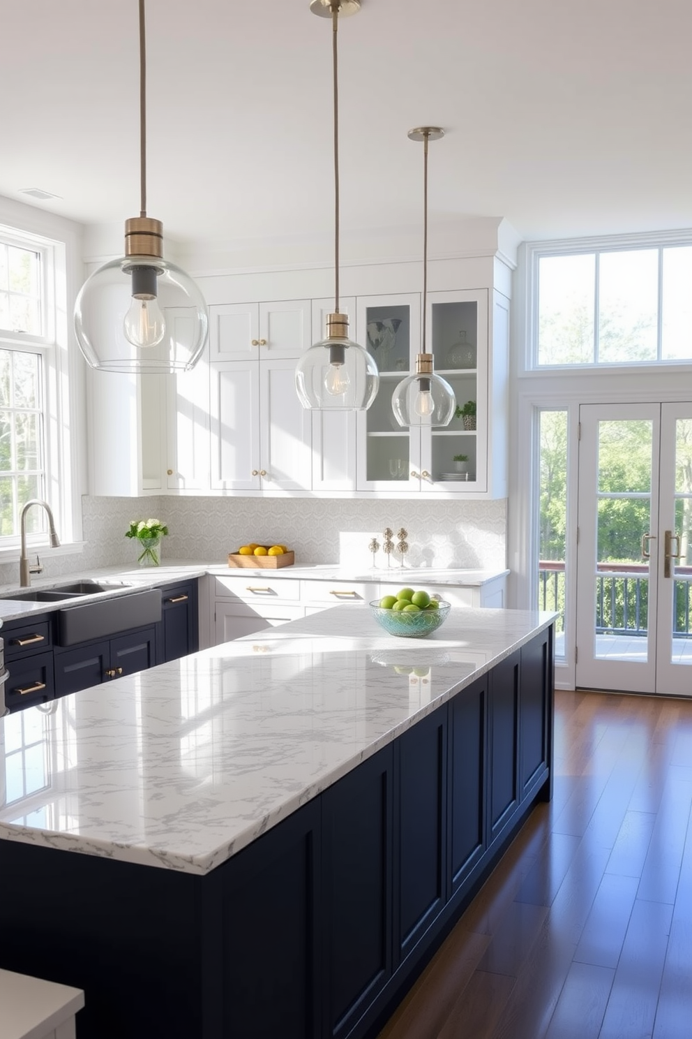 A bright and airy kitchen features contrasting countertops that create a stunning visual balance. The sleek white cabinetry is complemented by a deep navy blue island topped with a polished granite surface. Natural light floods the space through large windows, highlighting the elegant pendant lights hanging above the island. A stylish backsplash in a subtle geometric pattern adds texture and interest to the overall design.