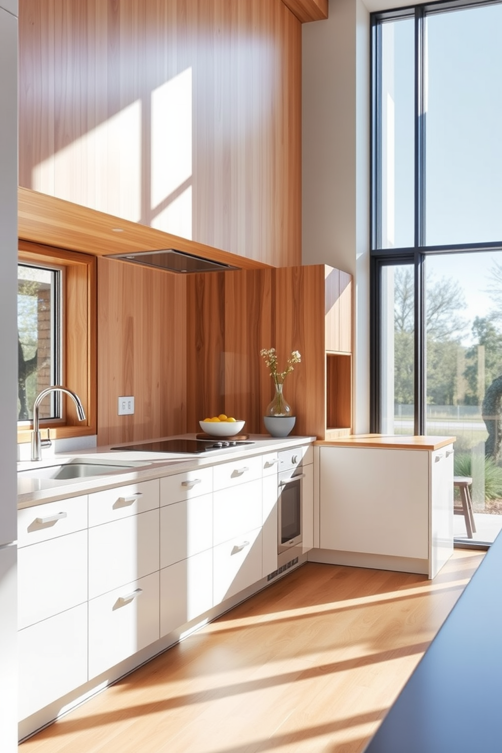 A bright and airy kitchen featuring warm wood accents harmoniously paired with sleek white cabinetry. The space is enhanced by natural light streaming through large windows, illuminating the inviting atmosphere.