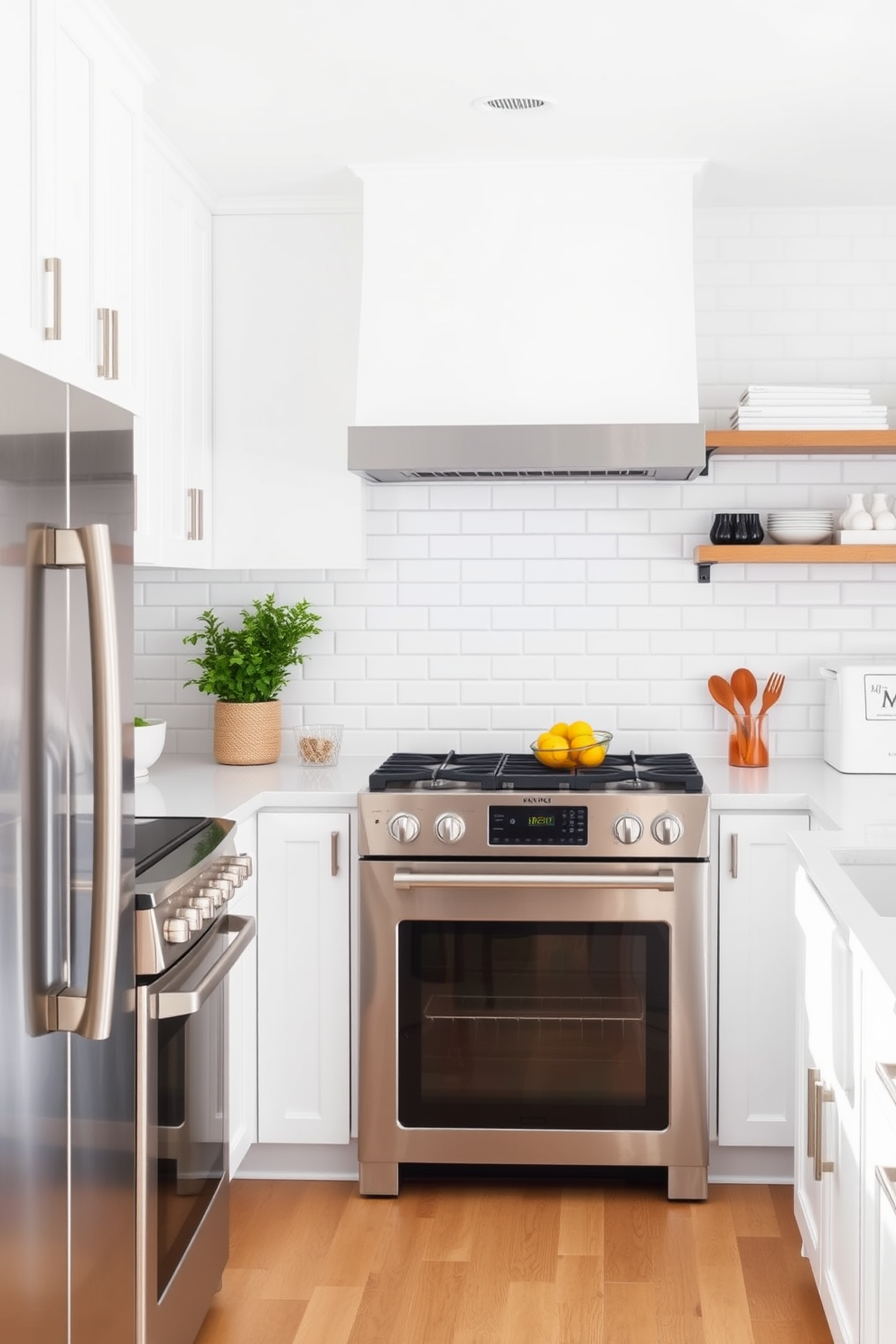 A bright and airy kitchen featuring a subway tile backsplash with crisp white grout. The cabinetry is sleek and modern, finished in a soft white with stainless steel hardware. The countertops are a luxurious quartz with subtle veining, complementing the overall design. A large island in the center provides ample workspace and includes bar seating for casual dining.